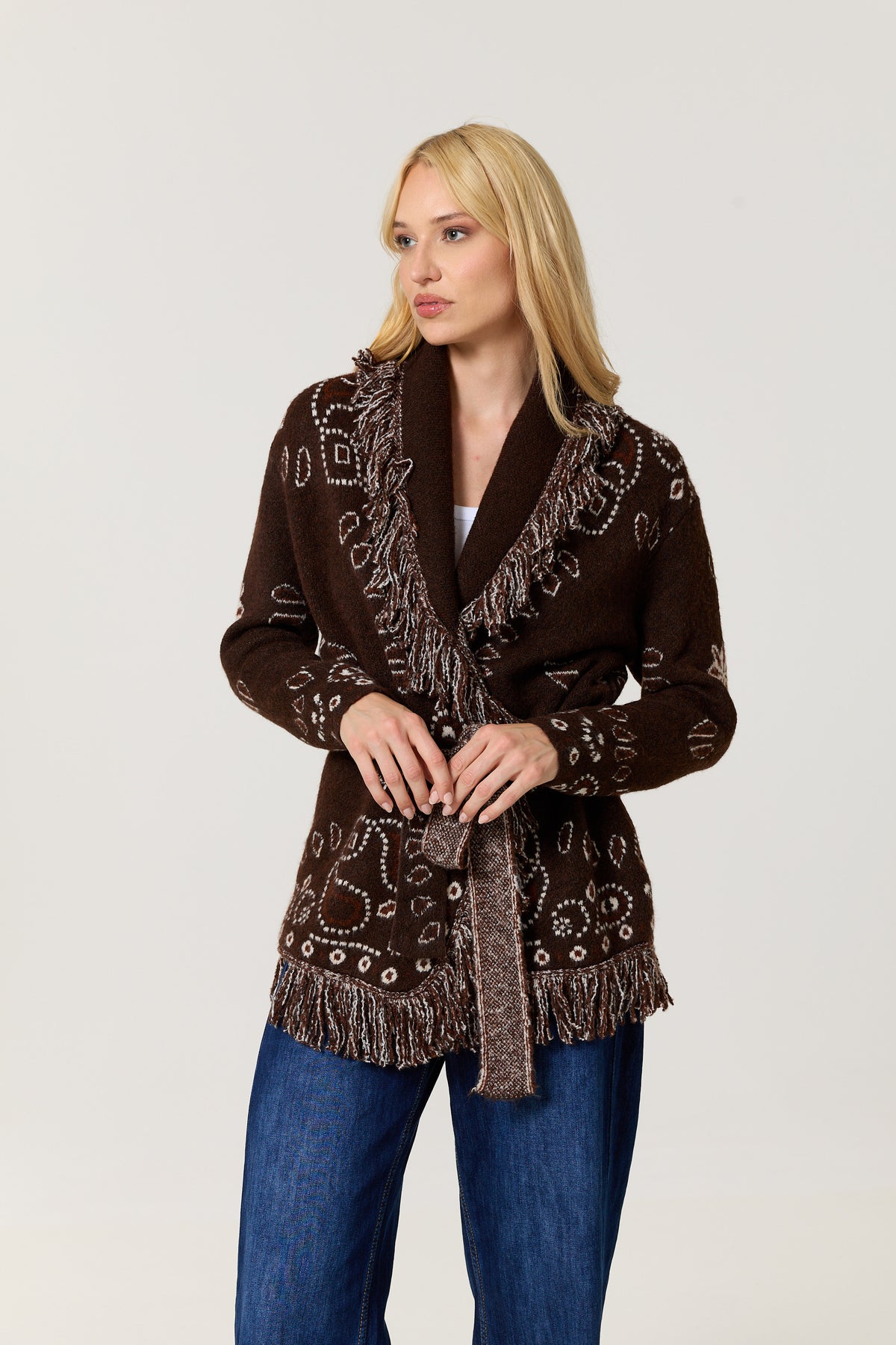 
                  
                    Brown Paisley Fringe Wool Blend Cardigan
                  
                