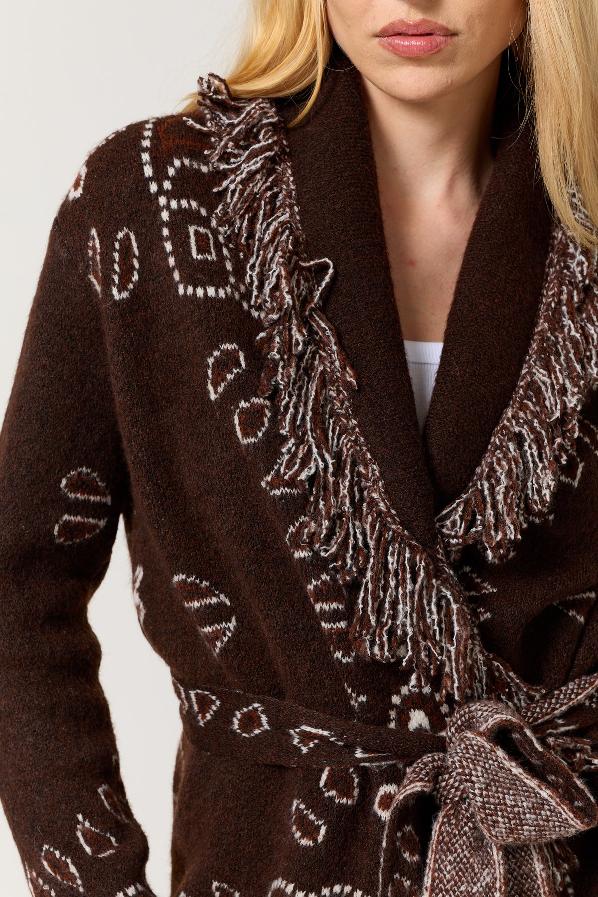 
                  
                    Brown Paisley Fringe Wool Blend Cardigan
                  
                