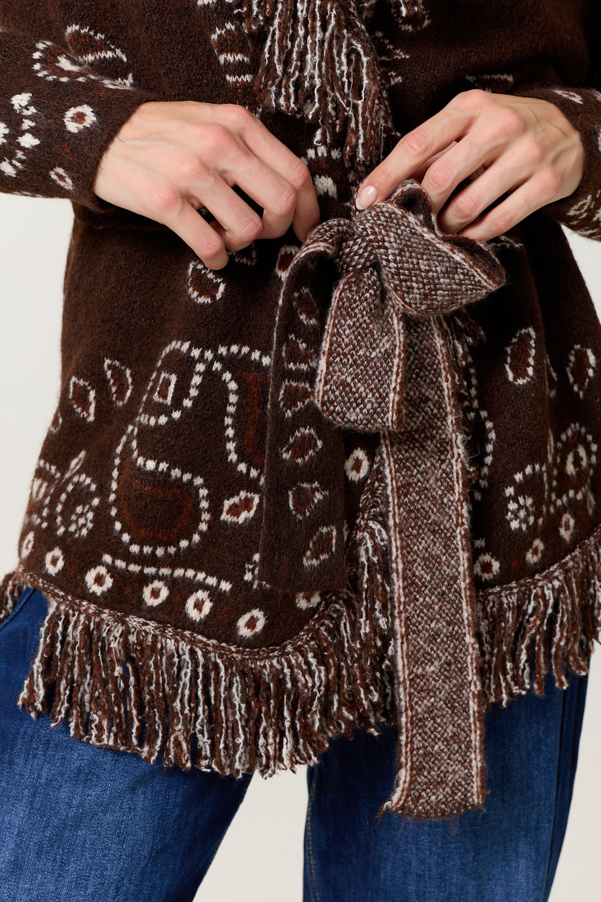 
                  
                    Brown Paisley Fringe Wool Blend Cardigan
                  
                