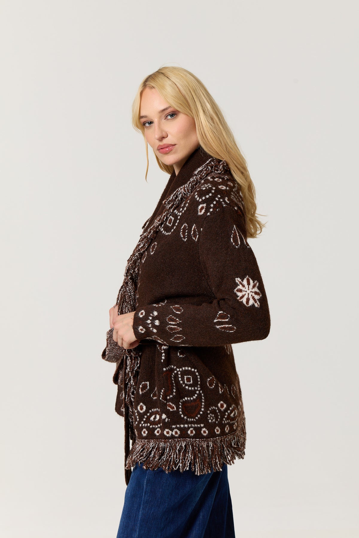 
                  
                    Brown Paisley Fringe Wool Blend Cardigan
                  
                
