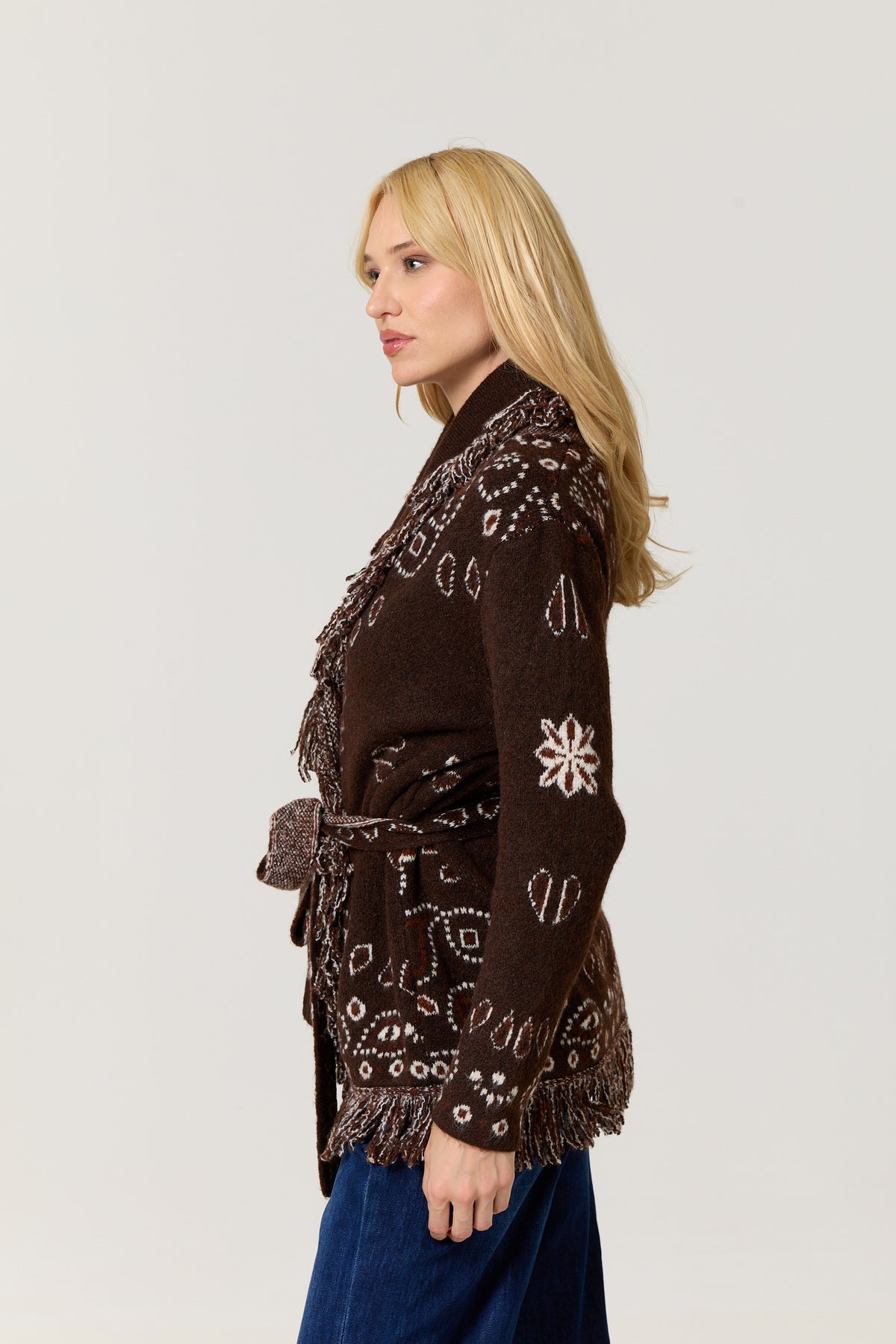 
                  
                    Brown Paisley Fringe Wool Blend Cardigan
                  
                