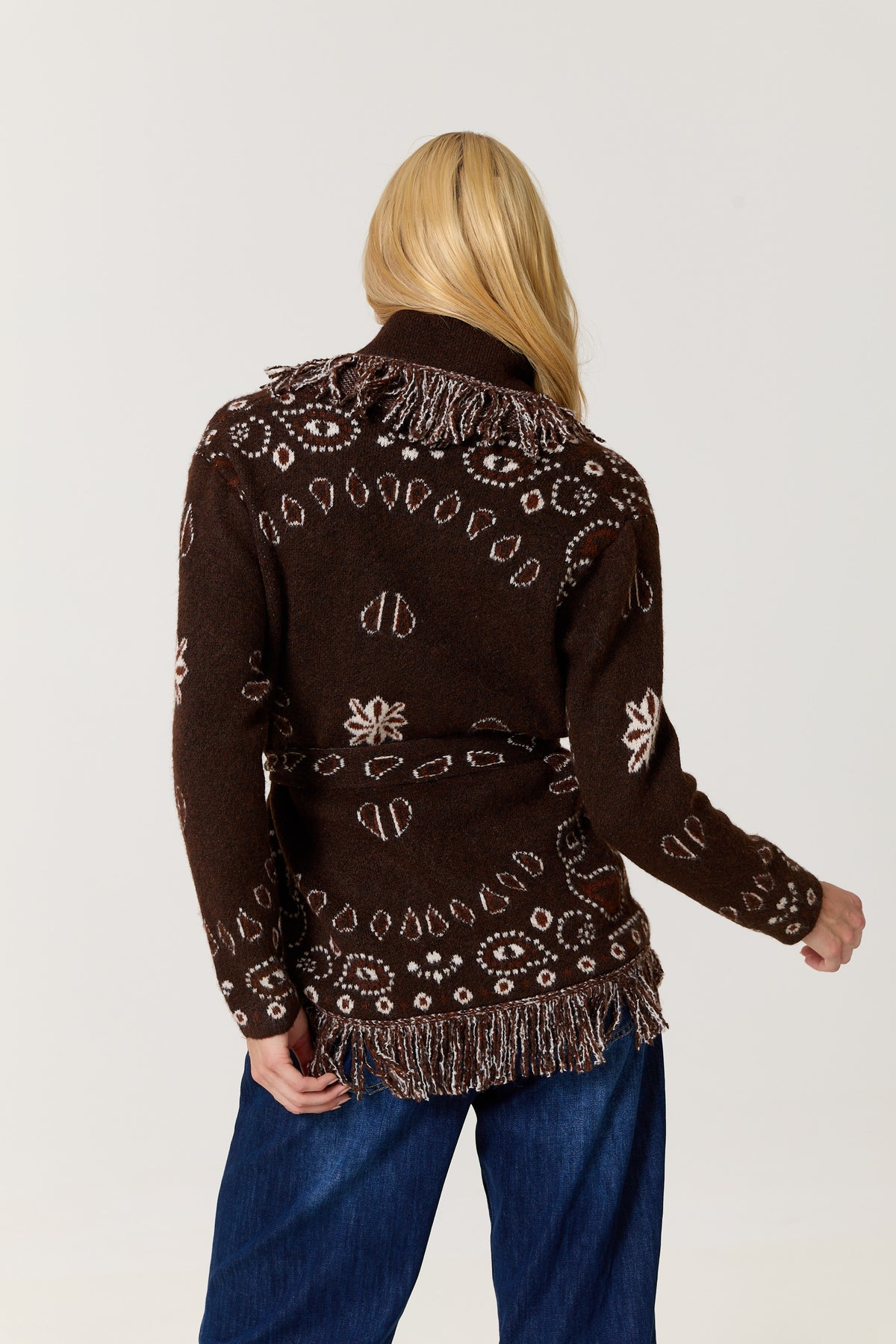 
                  
                    Brown Paisley Fringe Wool Blend Cardigan
                  
                