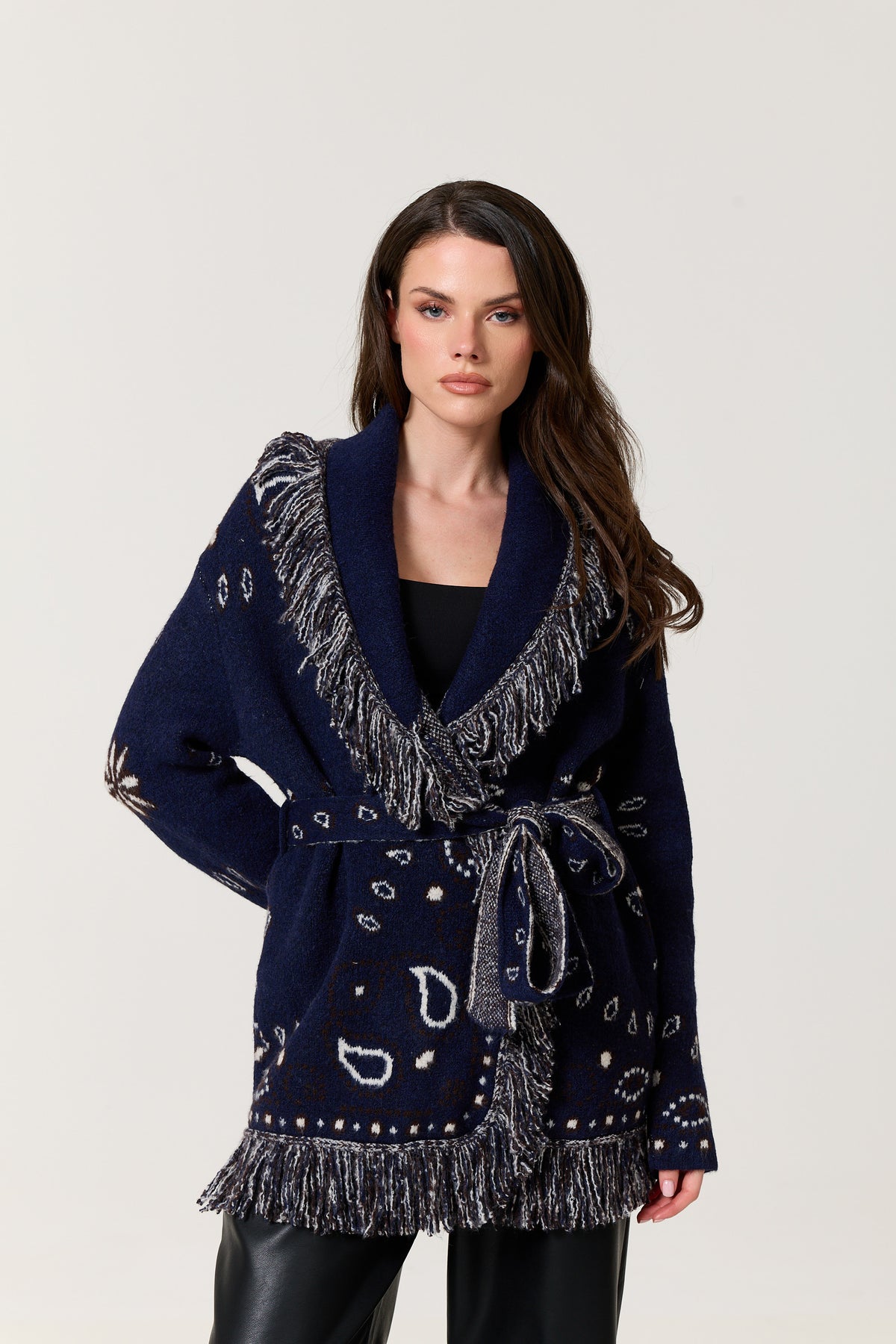 
                  
                    Navy Paisley Fringe Wool Blend Cardigan
                  
                