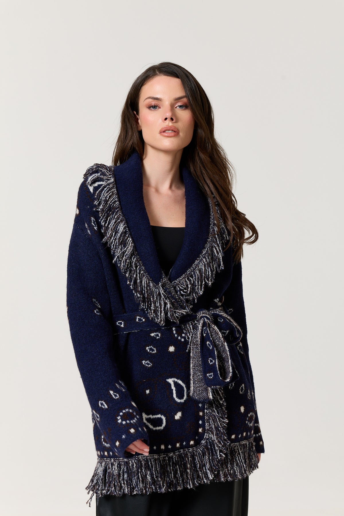 
                  
                    Navy Paisley Fringe Wool Blend Cardigan
                  
                