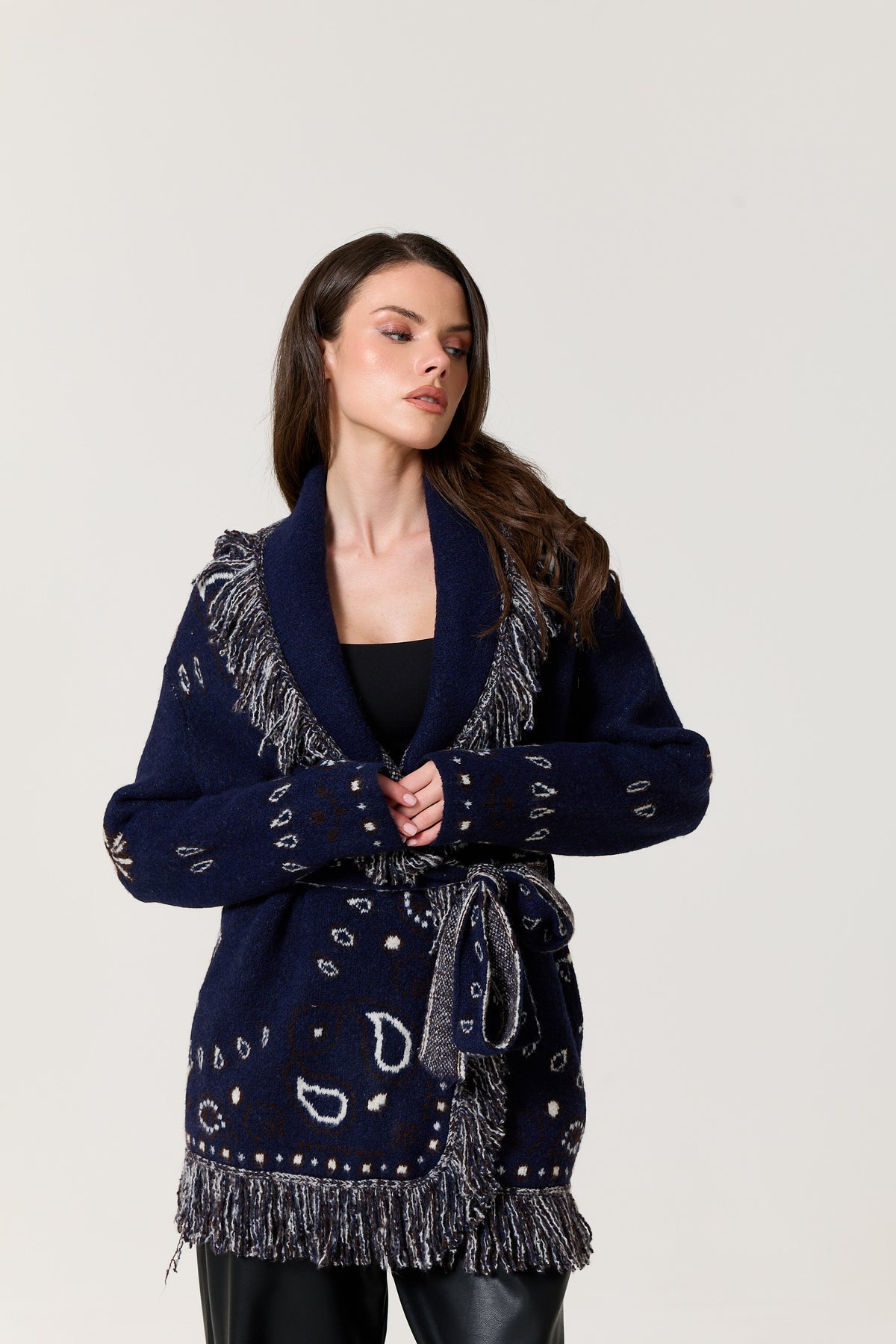 
                  
                    Navy Paisley Fringe Wool Blend Cardigan
                  
                