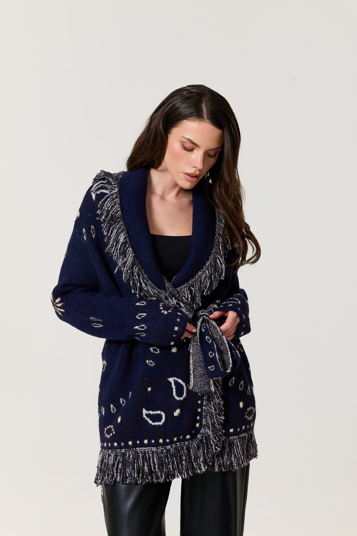 
                  
                    Navy Paisley Fringe Wool Blend Cardigan
                  
                