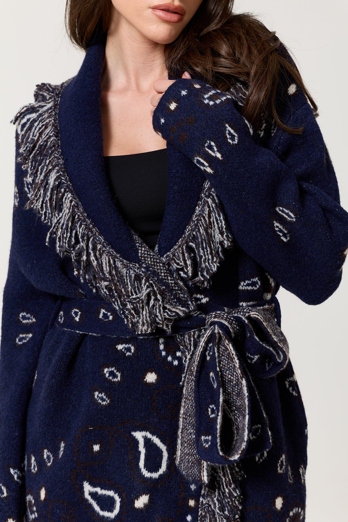 
                  
                    Navy Paisley Fringe Wool Blend Cardigan
                  
                