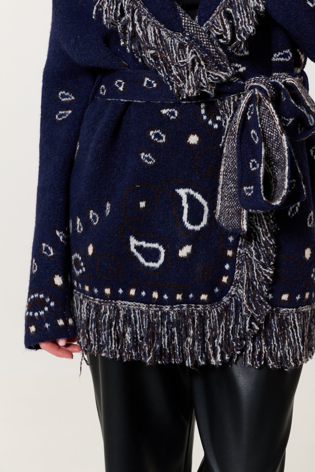 
                  
                    Navy Paisley Fringe Wool Blend Cardigan
                  
                