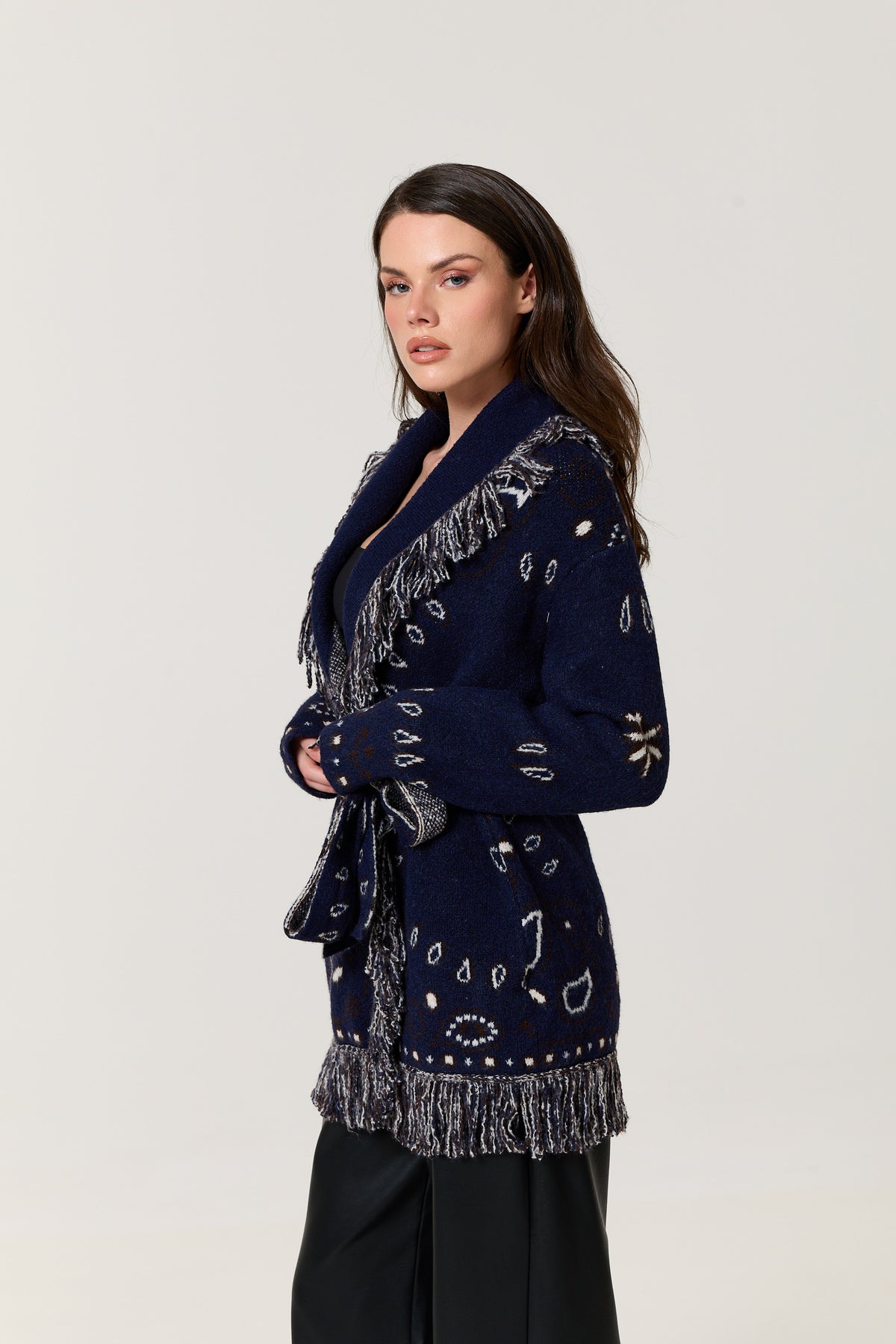 
                  
                    Navy Paisley Fringe Wool Blend Cardigan
                  
                