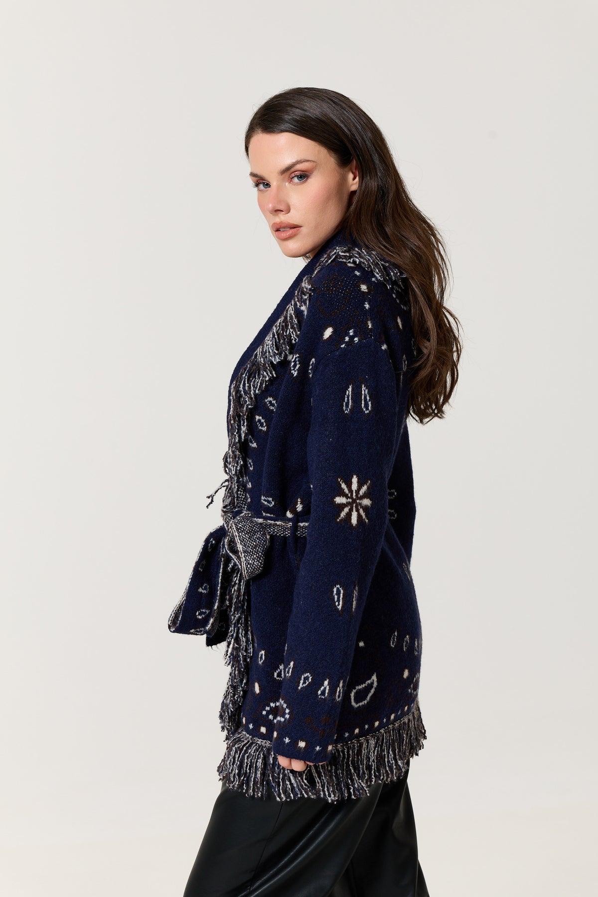 
                  
                    Navy Paisley Fringe Wool Blend Cardigan
                  
                