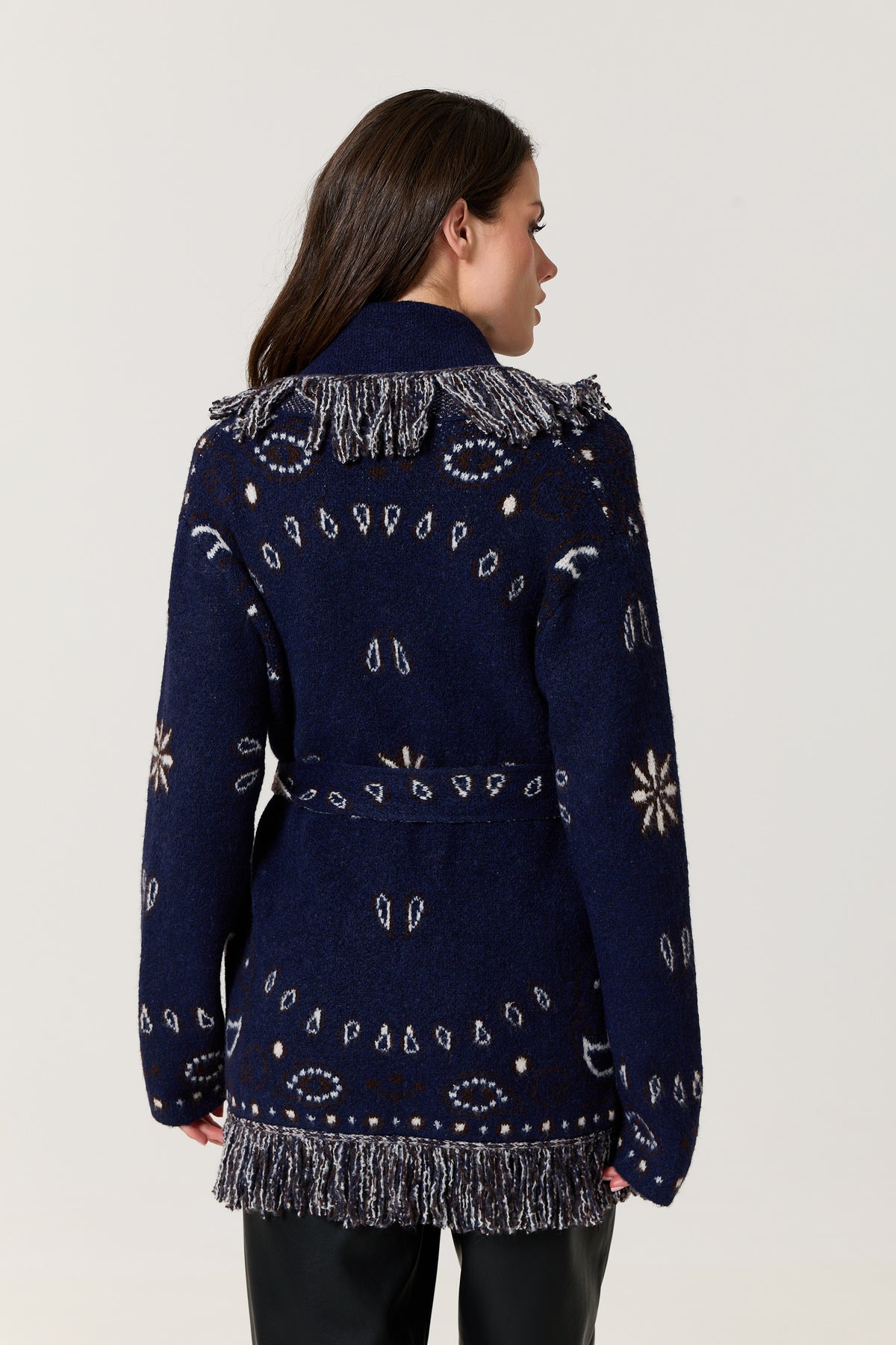 
                  
                    Navy Paisley Fringe Wool Blend Cardigan
                  
                