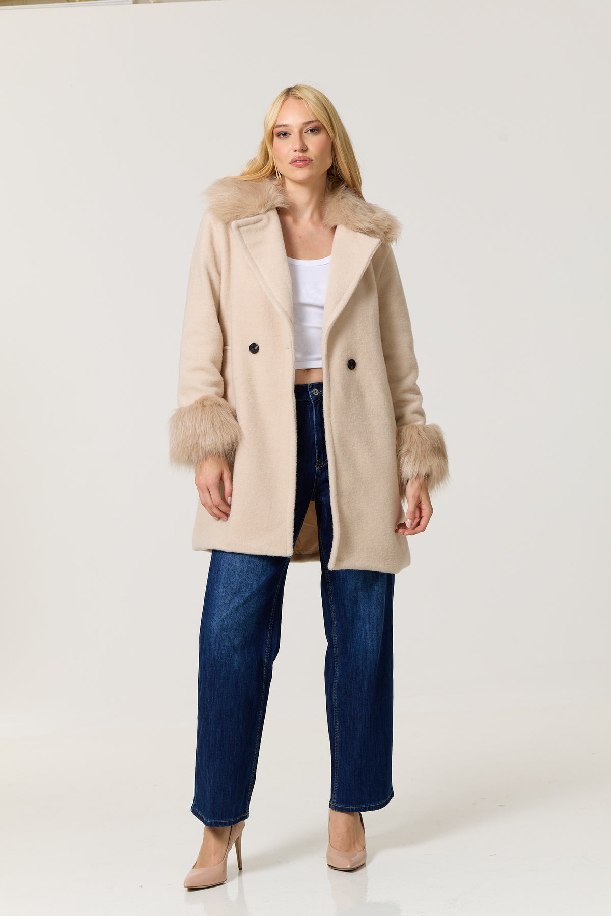 
                  
                    Cream Faux Fur Trim Long Coat
                  
                