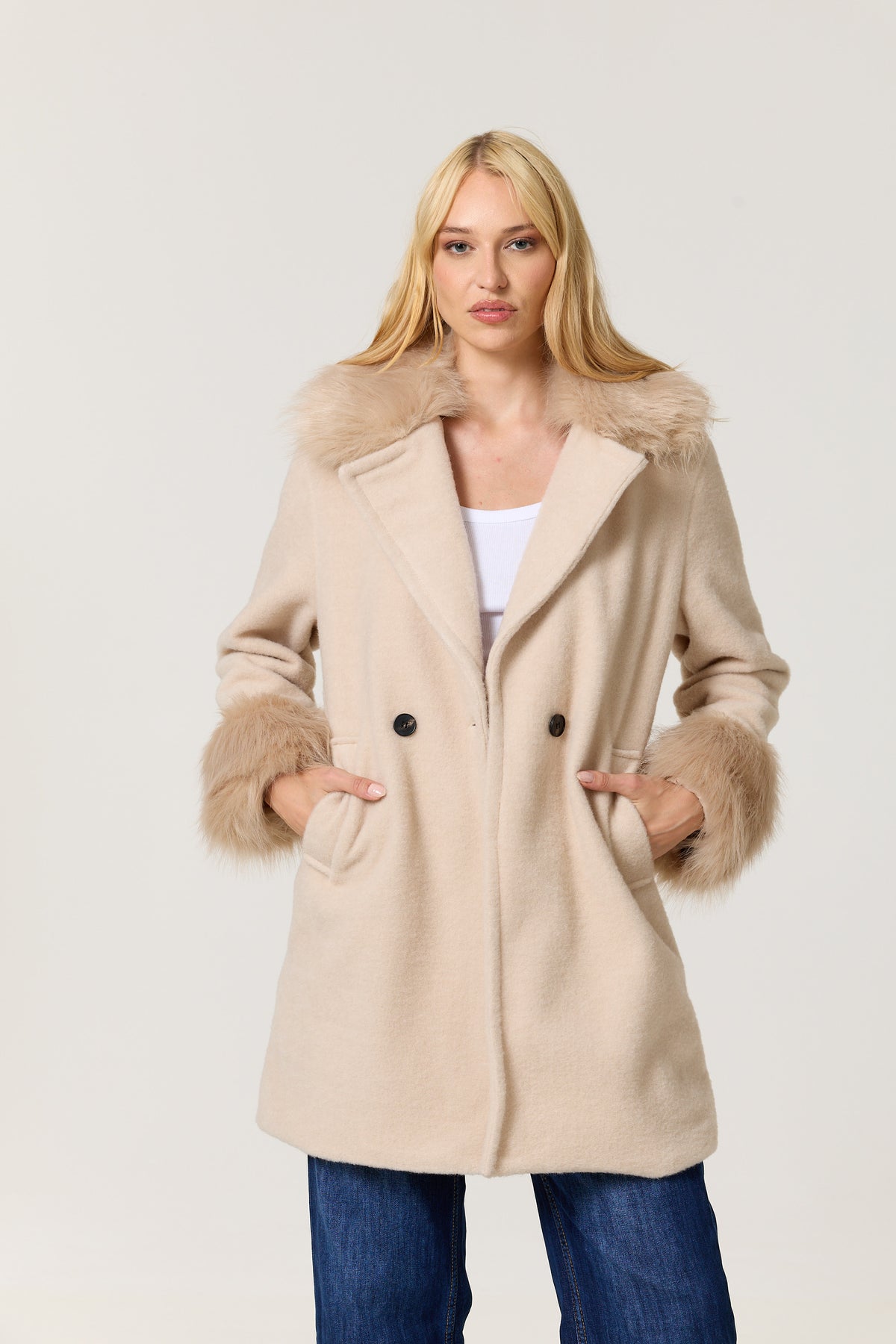 
                  
                    Cream Faux Fur Trim Long Coat
                  
                