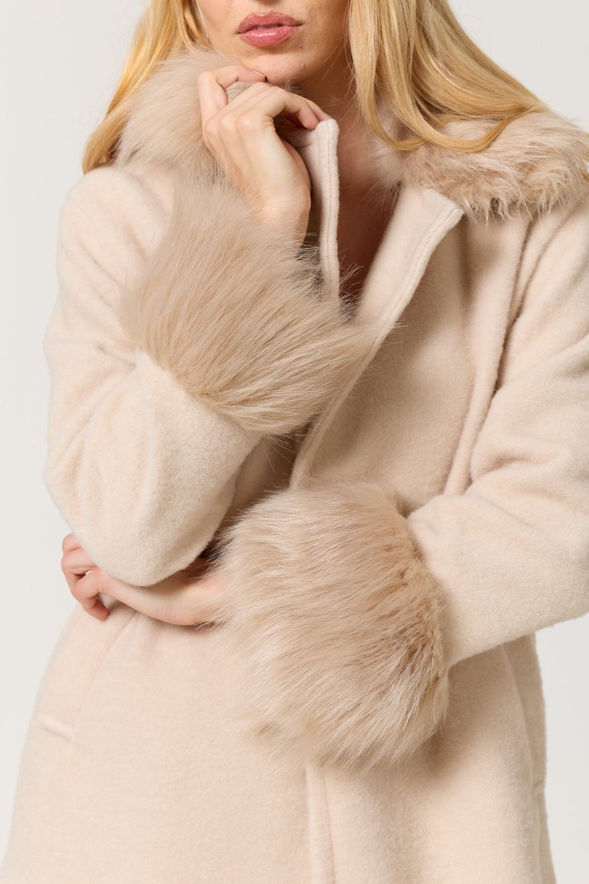 
                  
                    Cream Faux Fur Trim Long Coat
                  
                