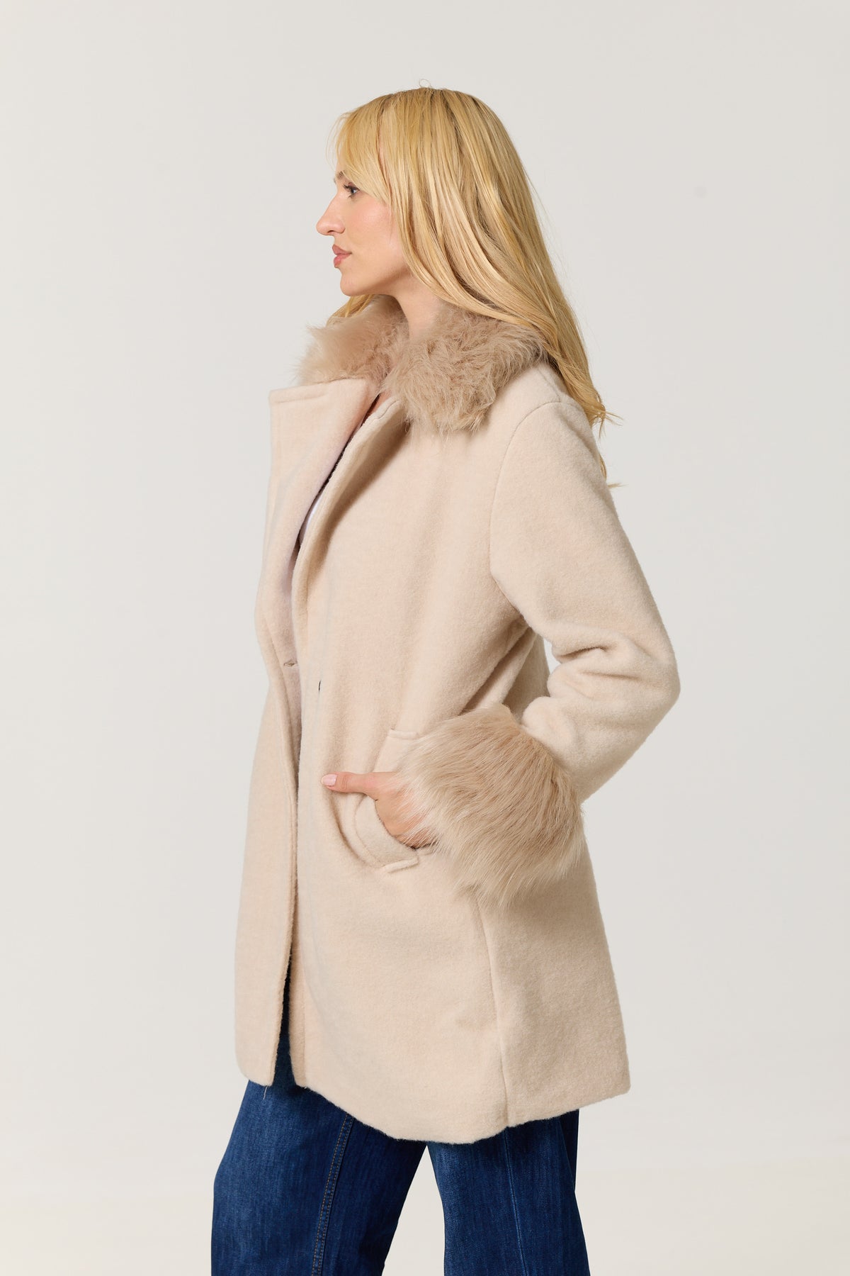 
                  
                    Cream Faux Fur Trim Long Coat
                  
                