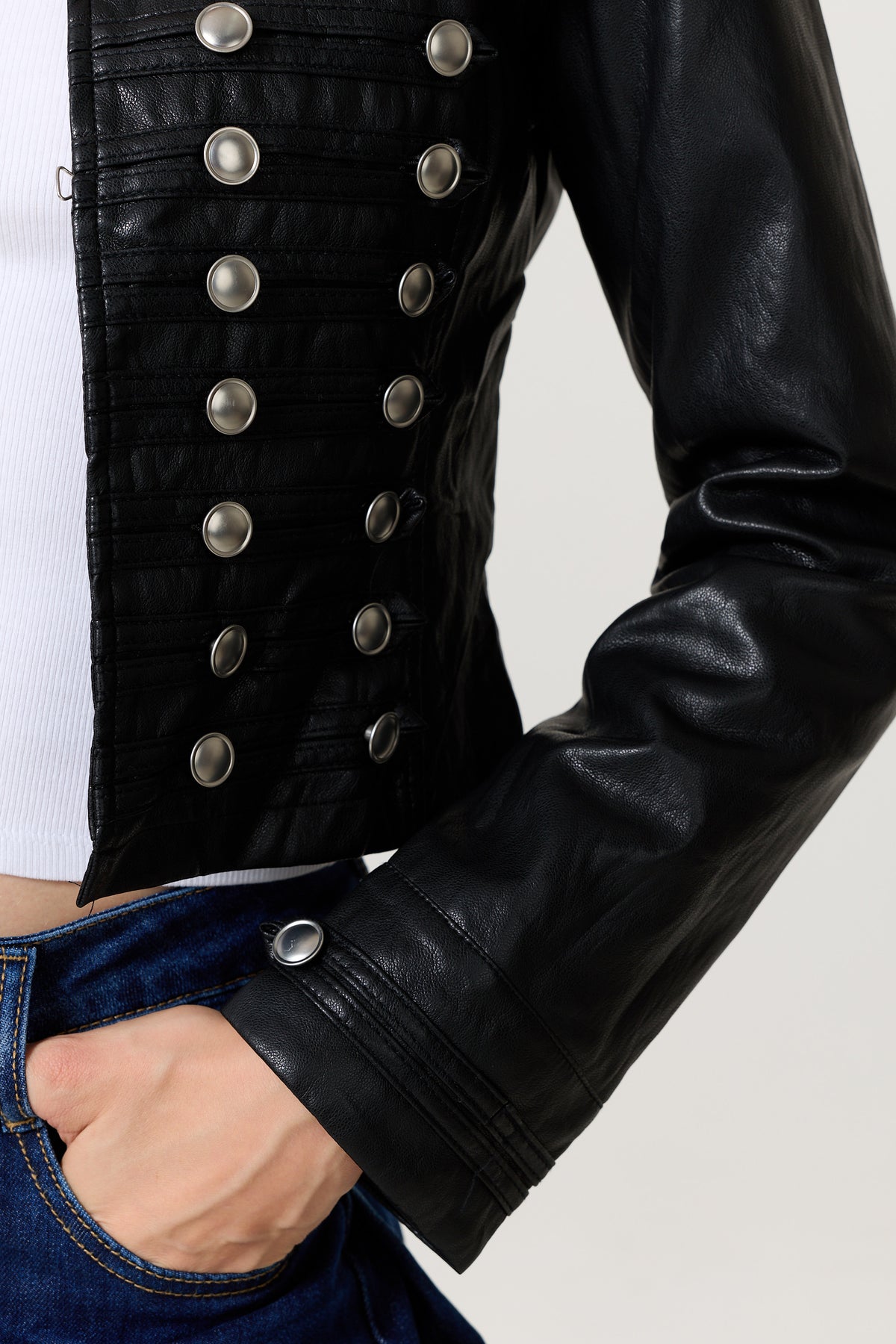 
                  
                    Black Military Faux Leather Jacket
                  
                