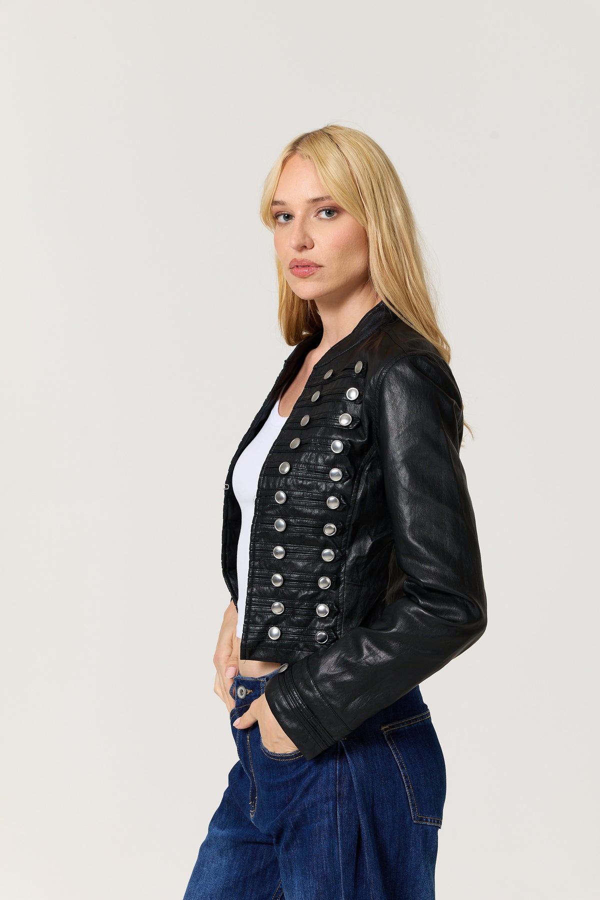 
                  
                    Black Military Faux Leather Jacket
                  
                
