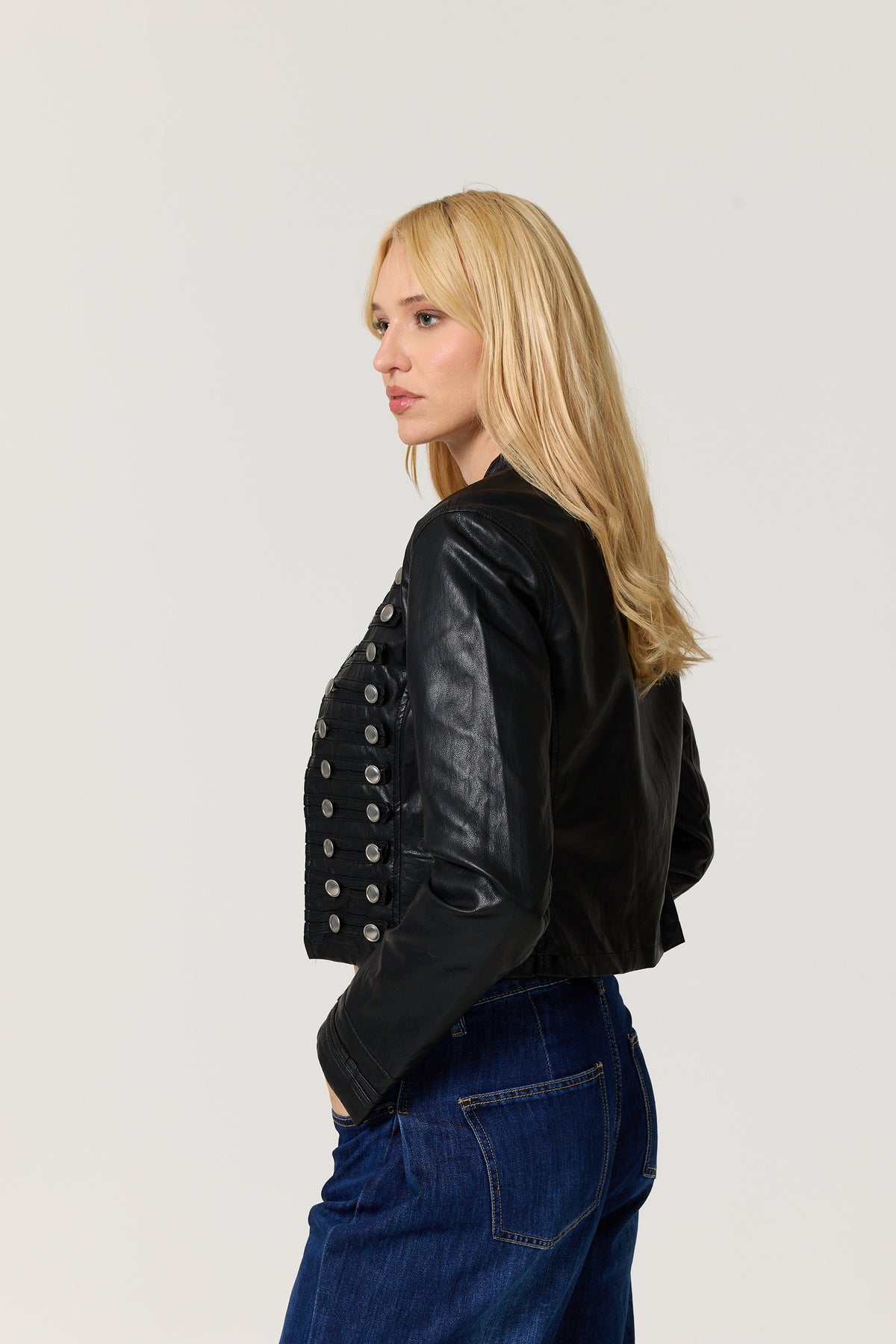 
                  
                    Black Military Faux Leather Jacket
                  
                