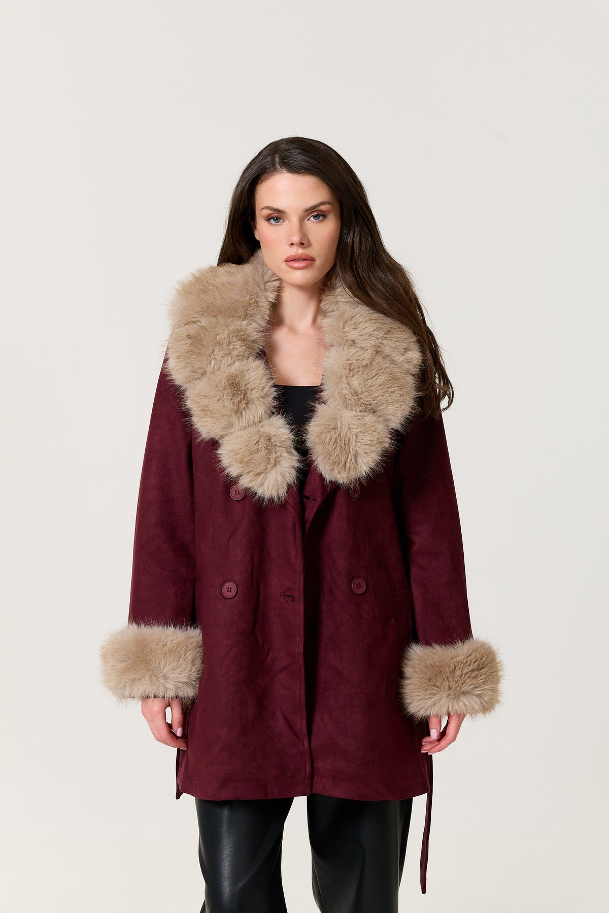 
                  
                    Burgundy Faux Fur Trim Belted Coat
                  
                