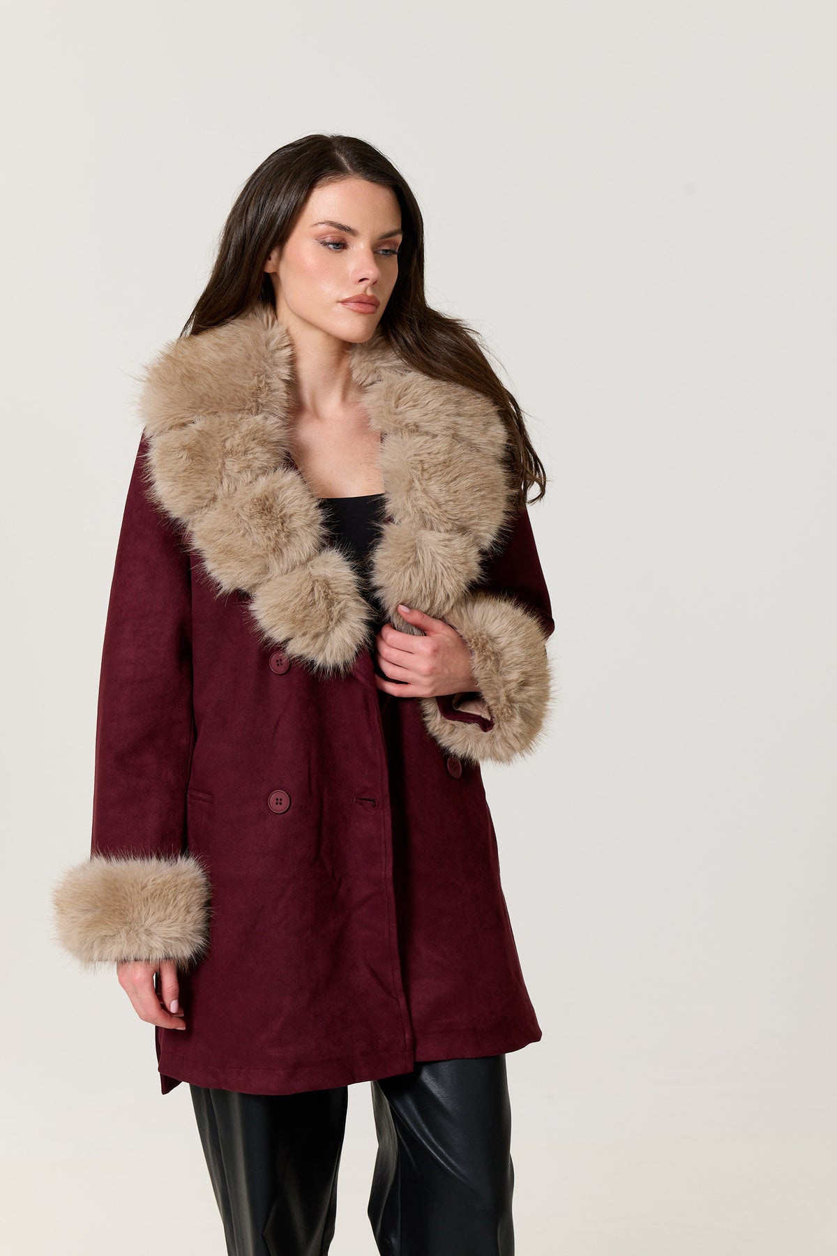 
                  
                    Burgundy Faux Fur Trim Belted Coat
                  
                