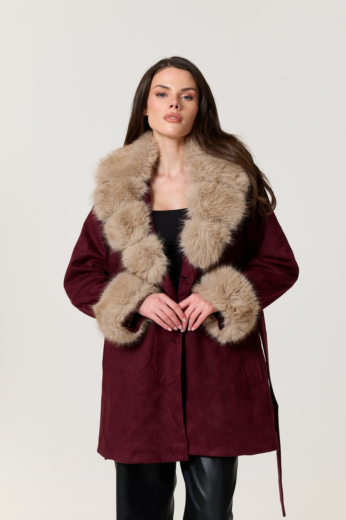 
                  
                    Burgundy Faux Fur Trim Belted Coat
                  
                