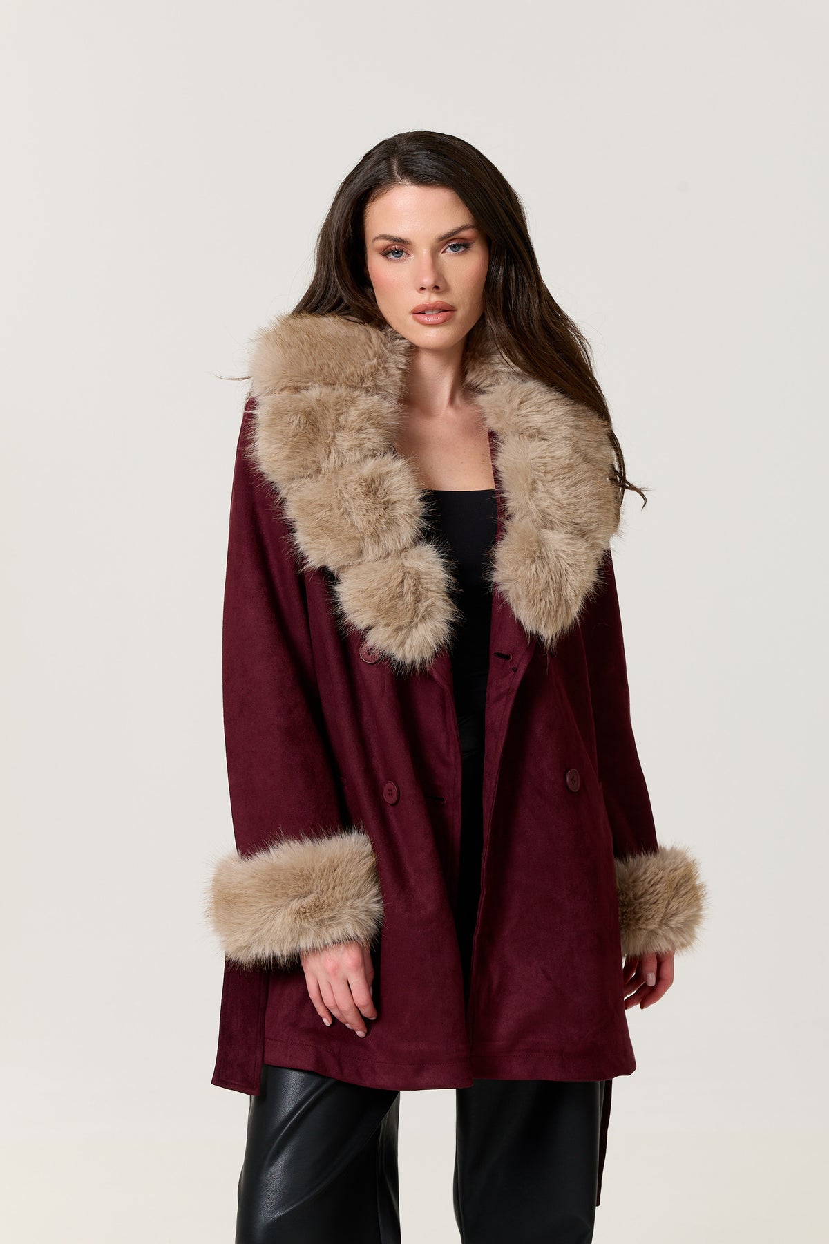 
                  
                    Burgundy Faux Fur Trim Belted Coat
                  
                