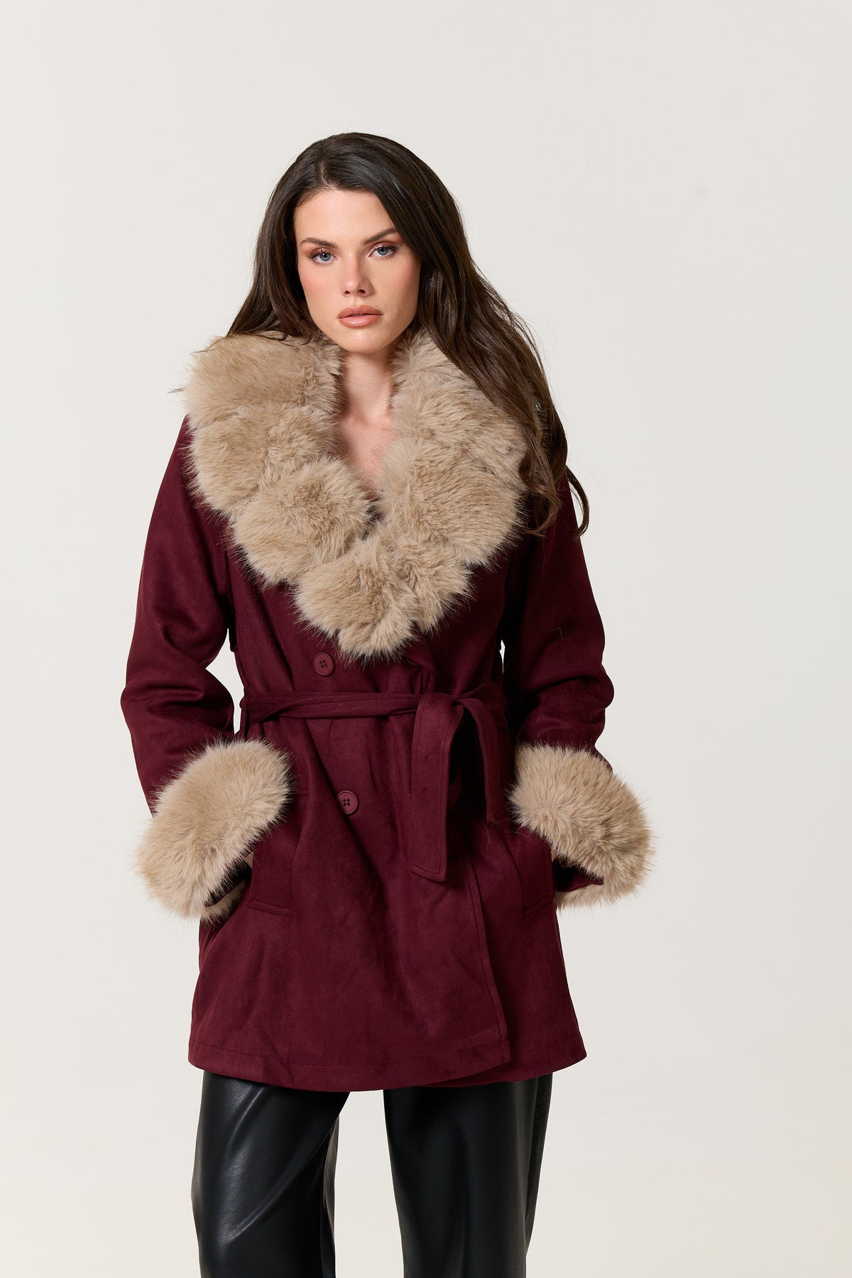 
                  
                    Burgundy Faux Fur Trim Belted Coat
                  
                