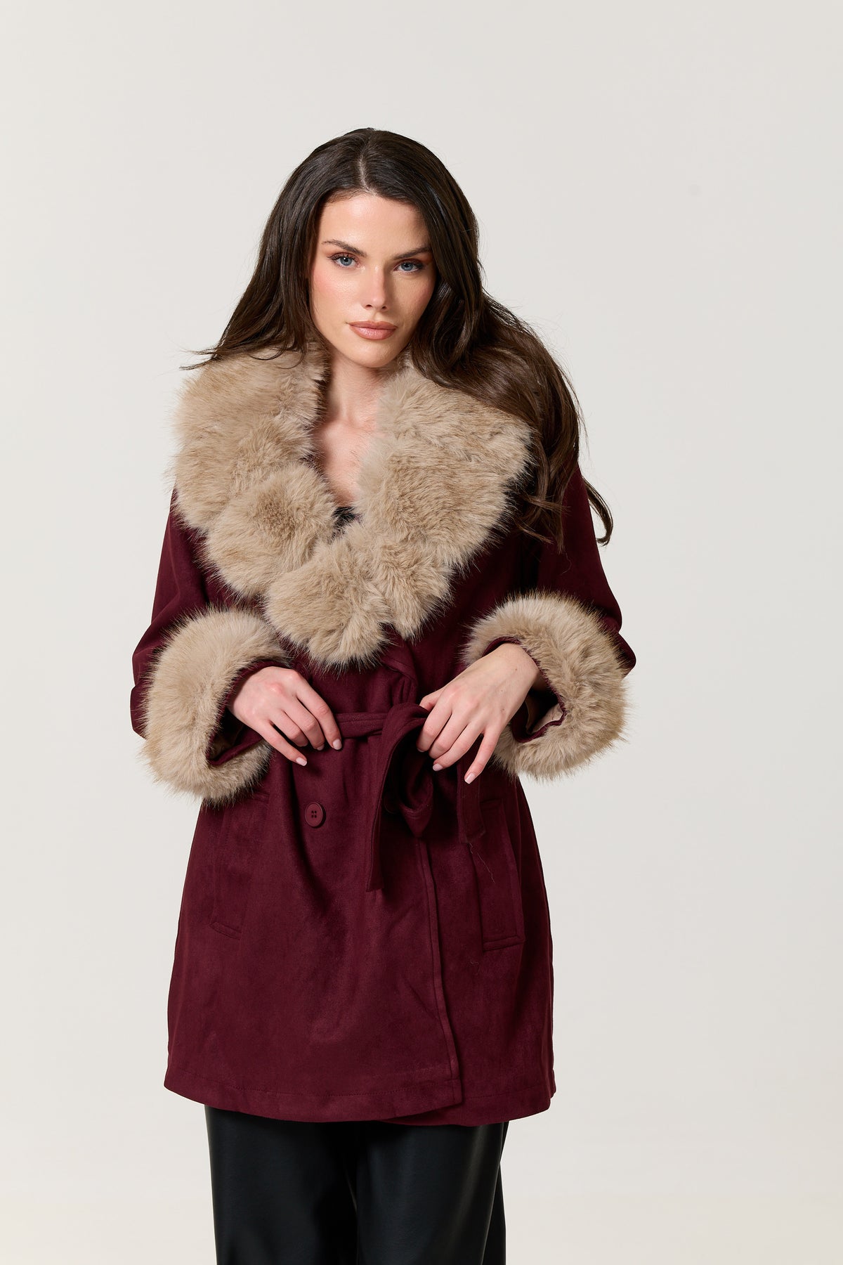 
                  
                    Burgundy Faux Fur Trim Belted Coat
                  
                