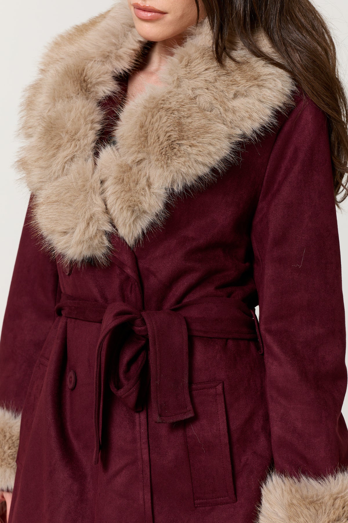 
                  
                    Burgundy Faux Fur Trim Belted Coat
                  
                