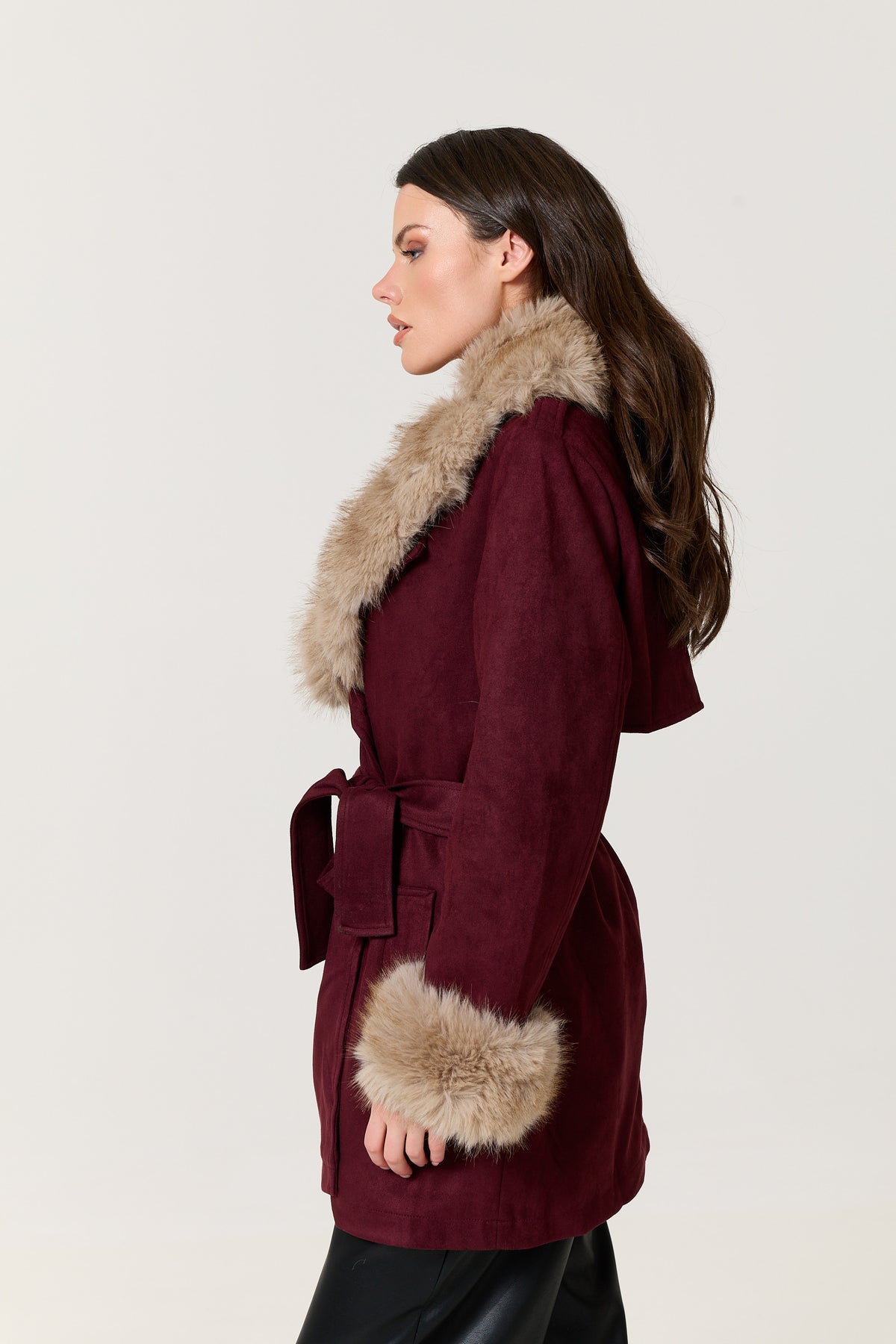 
                  
                    Burgundy Faux Fur Trim Belted Coat
                  
                