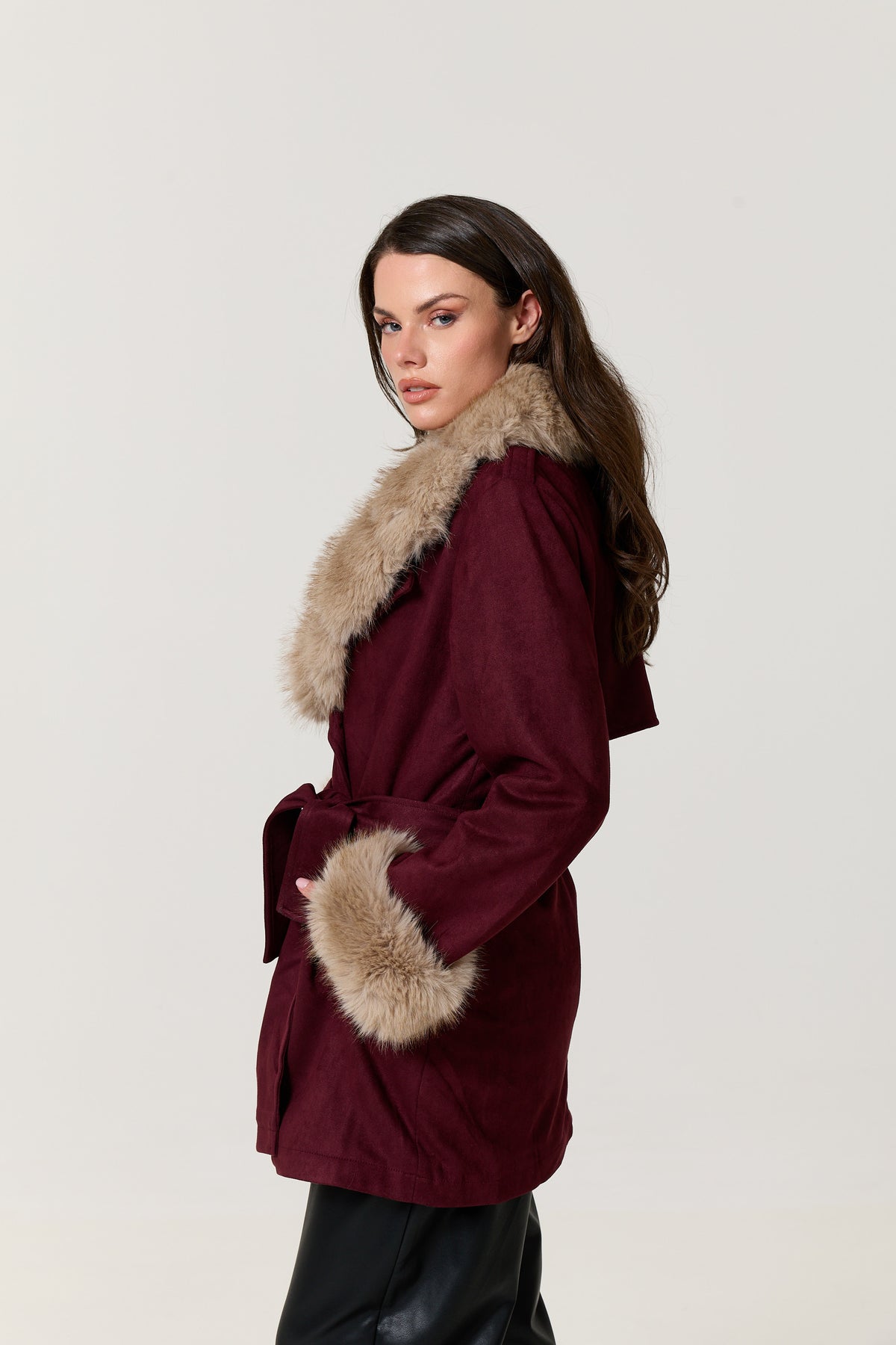 
                  
                    Burgundy Faux Fur Trim Belted Coat
                  
                