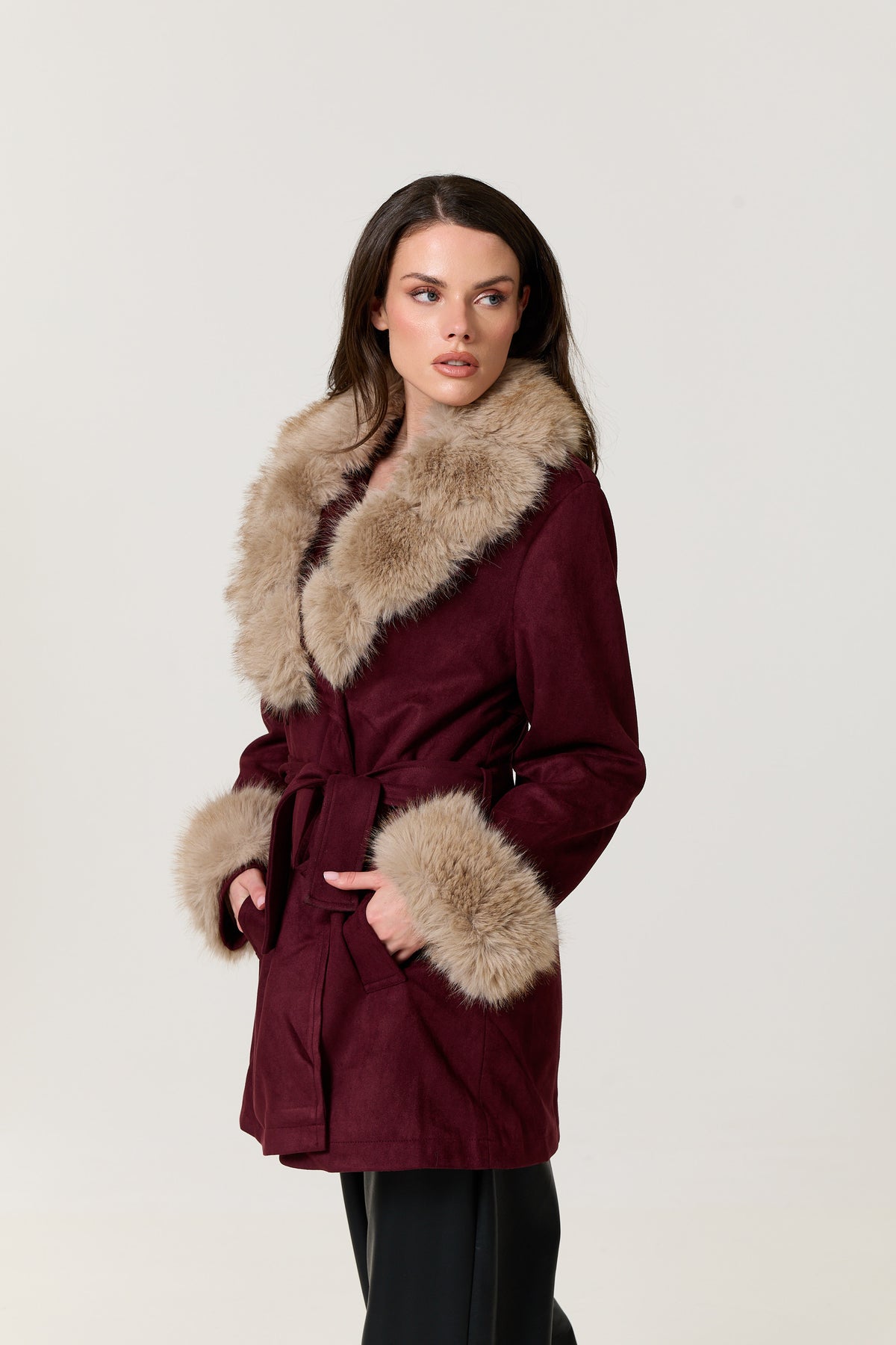 
                  
                    Burgundy Faux Fur Trim Belted Coat
                  
                