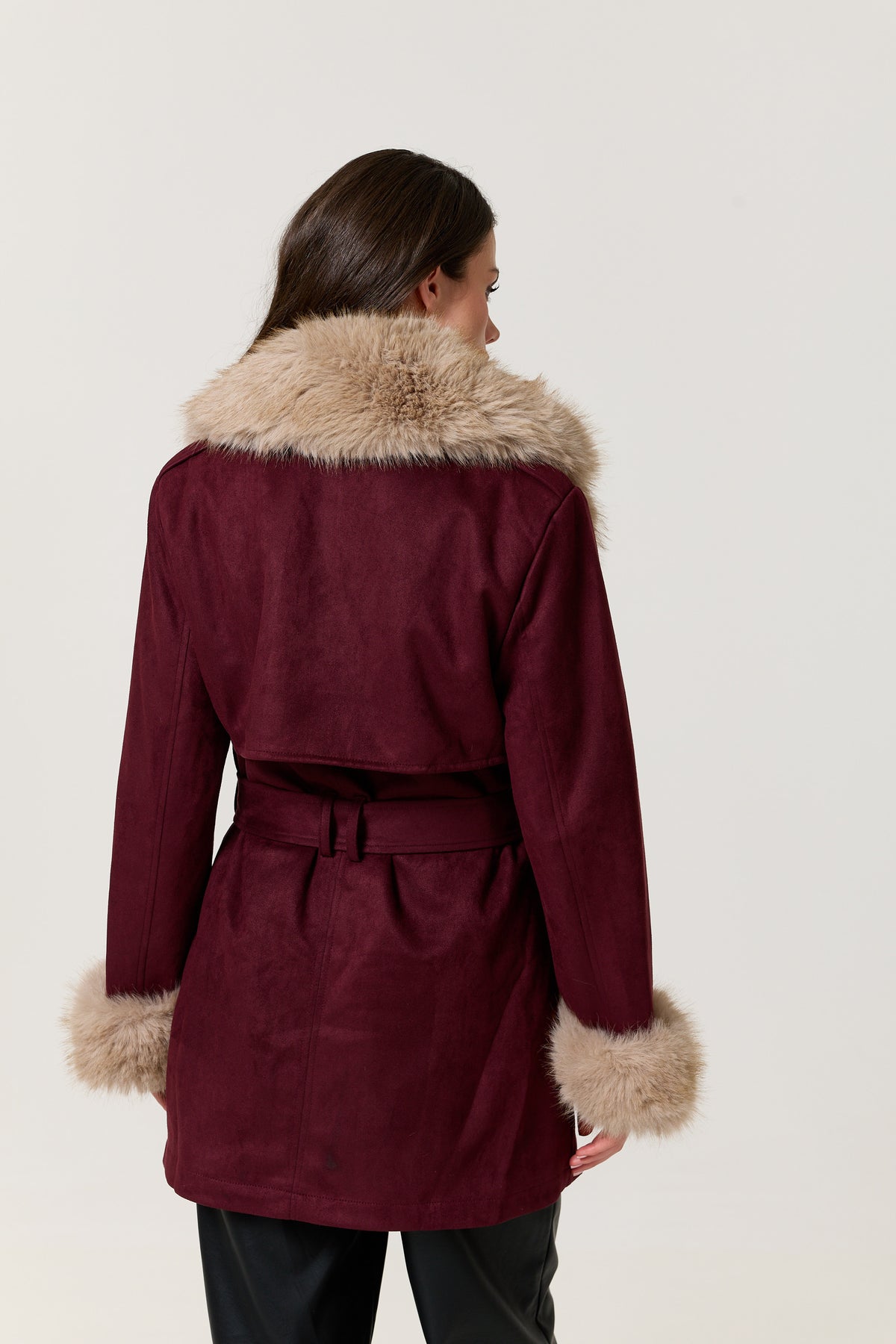 
                  
                    Burgundy Faux Fur Trim Belted Coat
                  
                