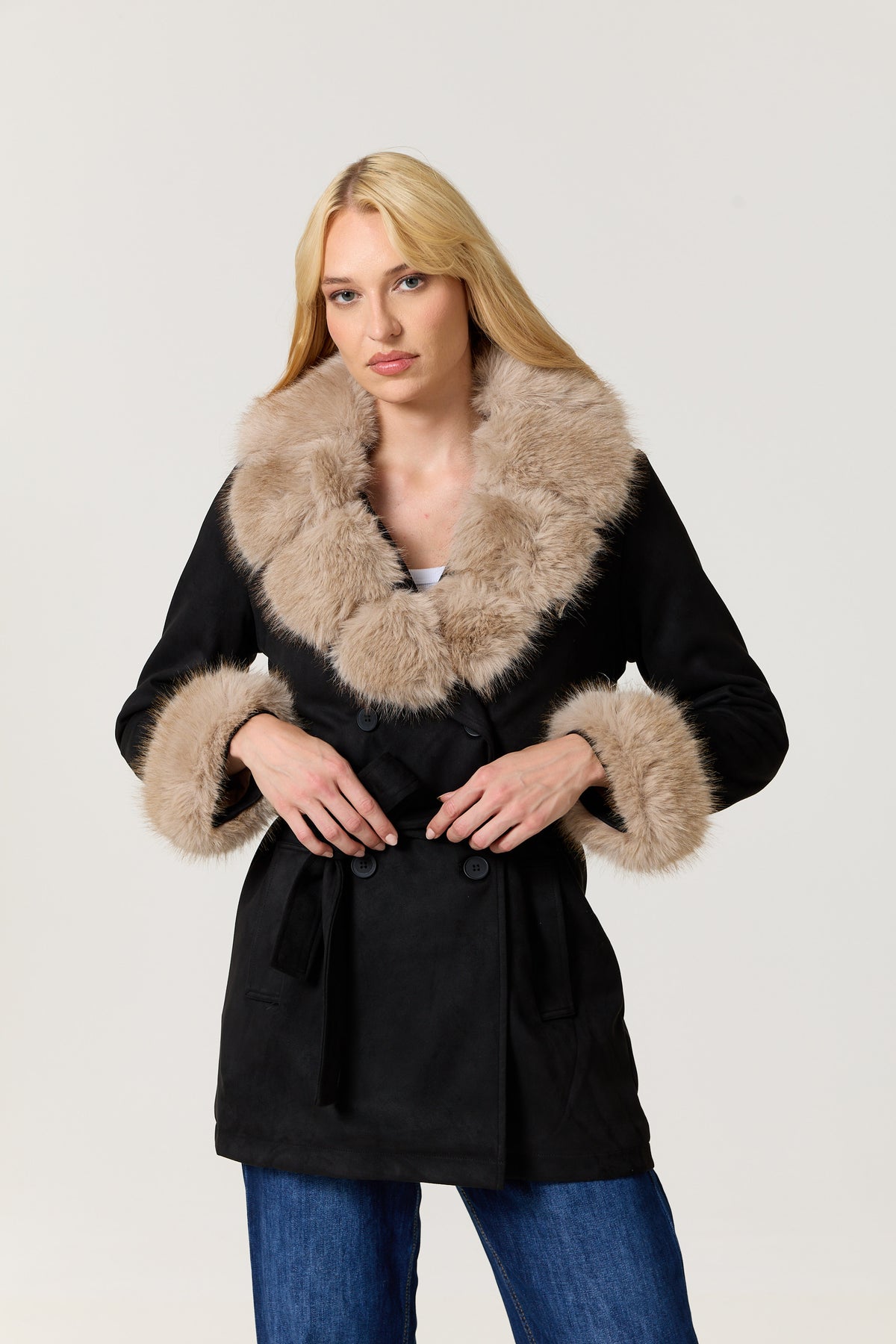 
                  
                    Black Faux Fur Trim Belted Coat
                  
                