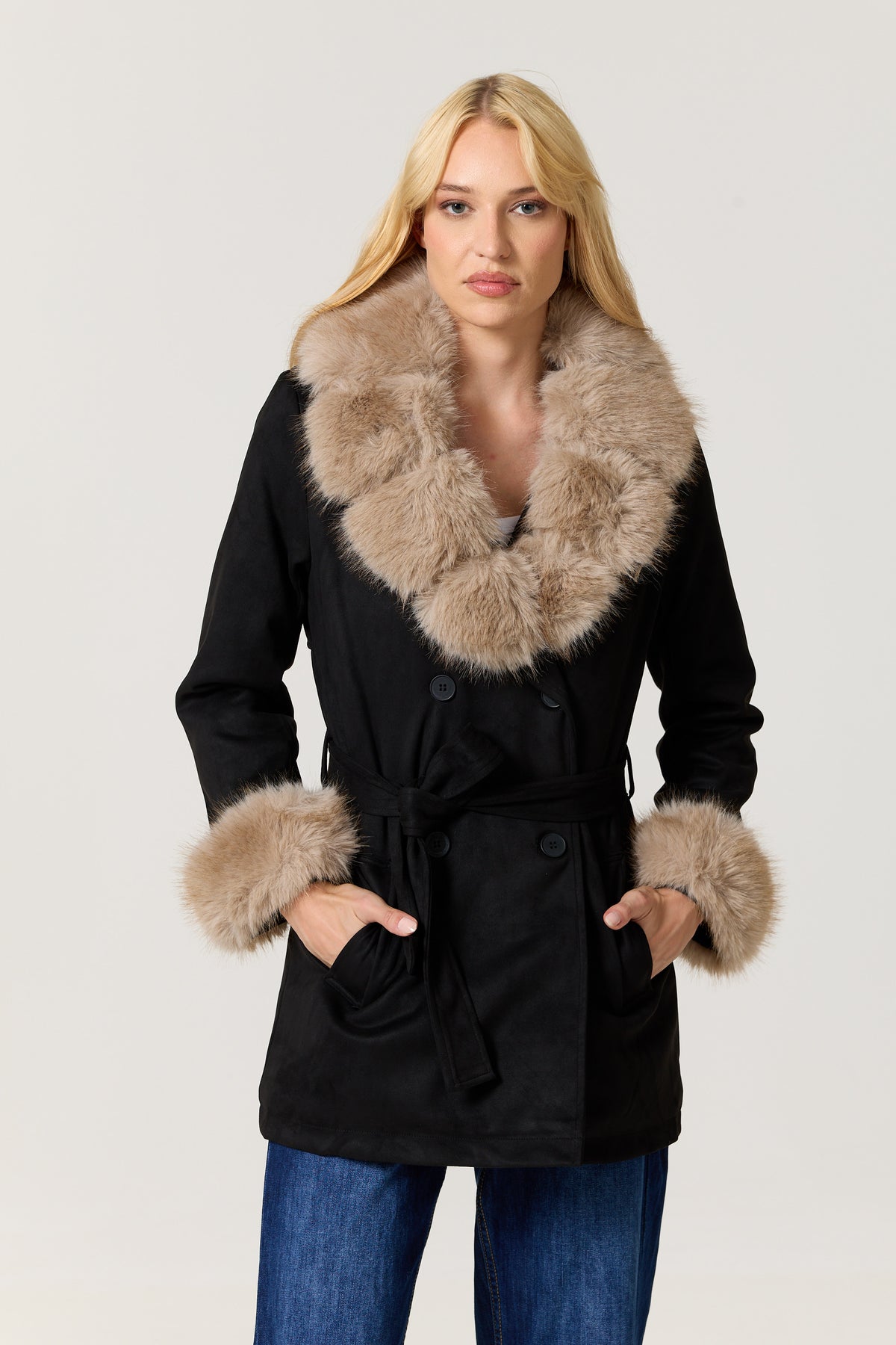 
                  
                    Black Faux Fur Trim Belted Coat
                  
                