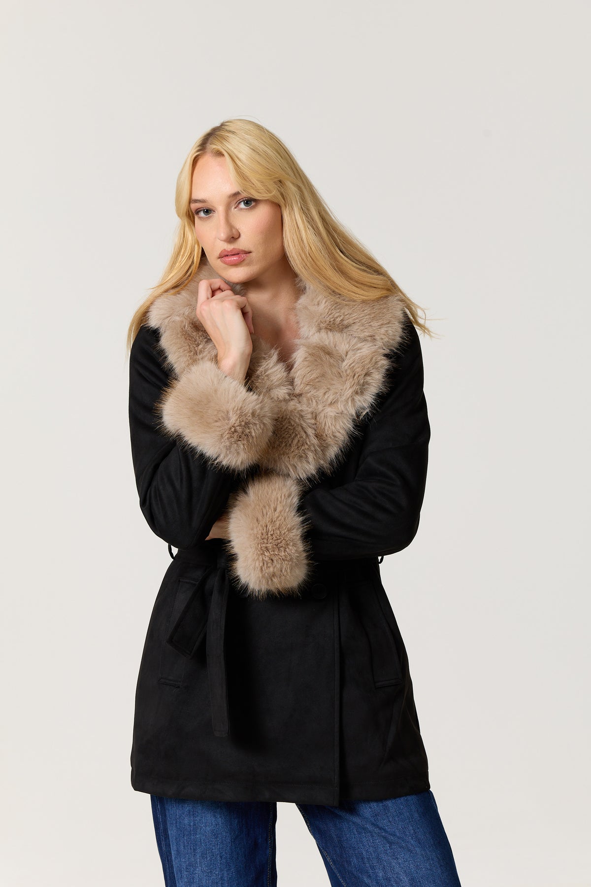 
                  
                    Black Faux Fur Trim Belted Coat
                  
                