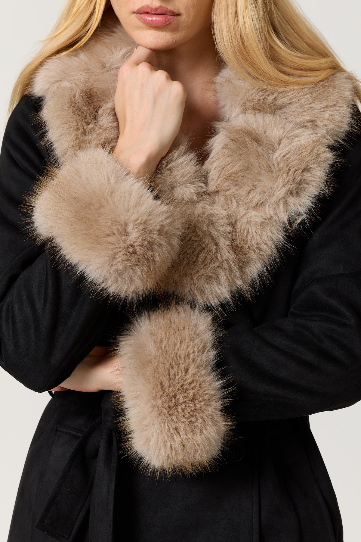 
                  
                    Black Faux Fur Trim Belted Coat
                  
                