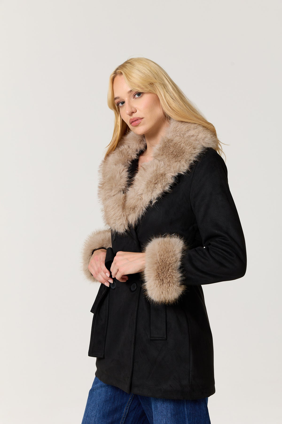 
                  
                    Black Faux Fur Trim Belted Coat
                  
                