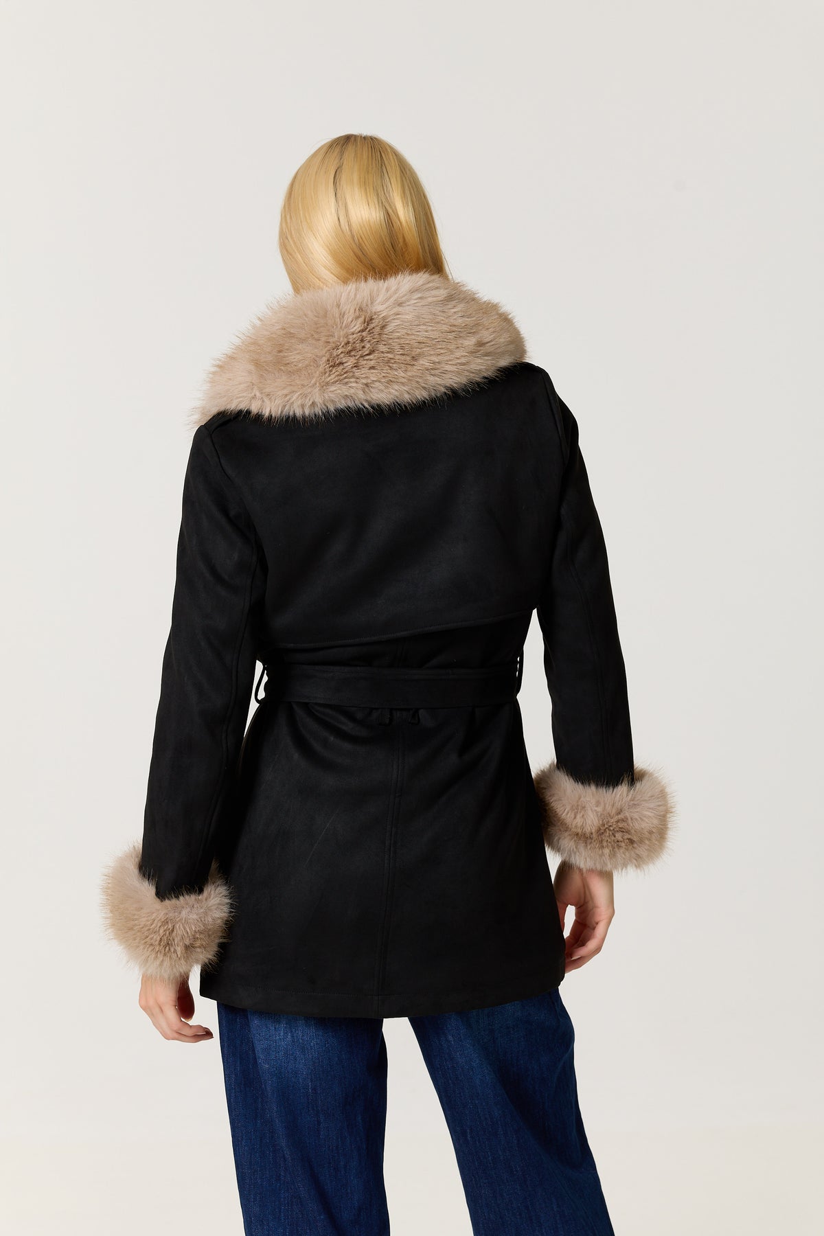 
                  
                    Black Faux Fur Trim Belted Coat
                  
                