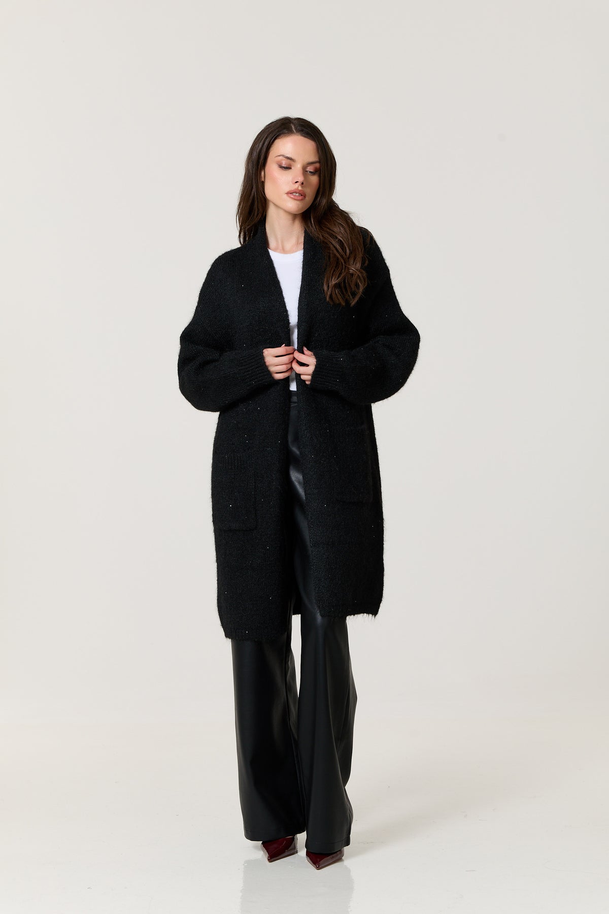 
                  
                    Black Shimmer Longline Knitted Cardigan
                  
                