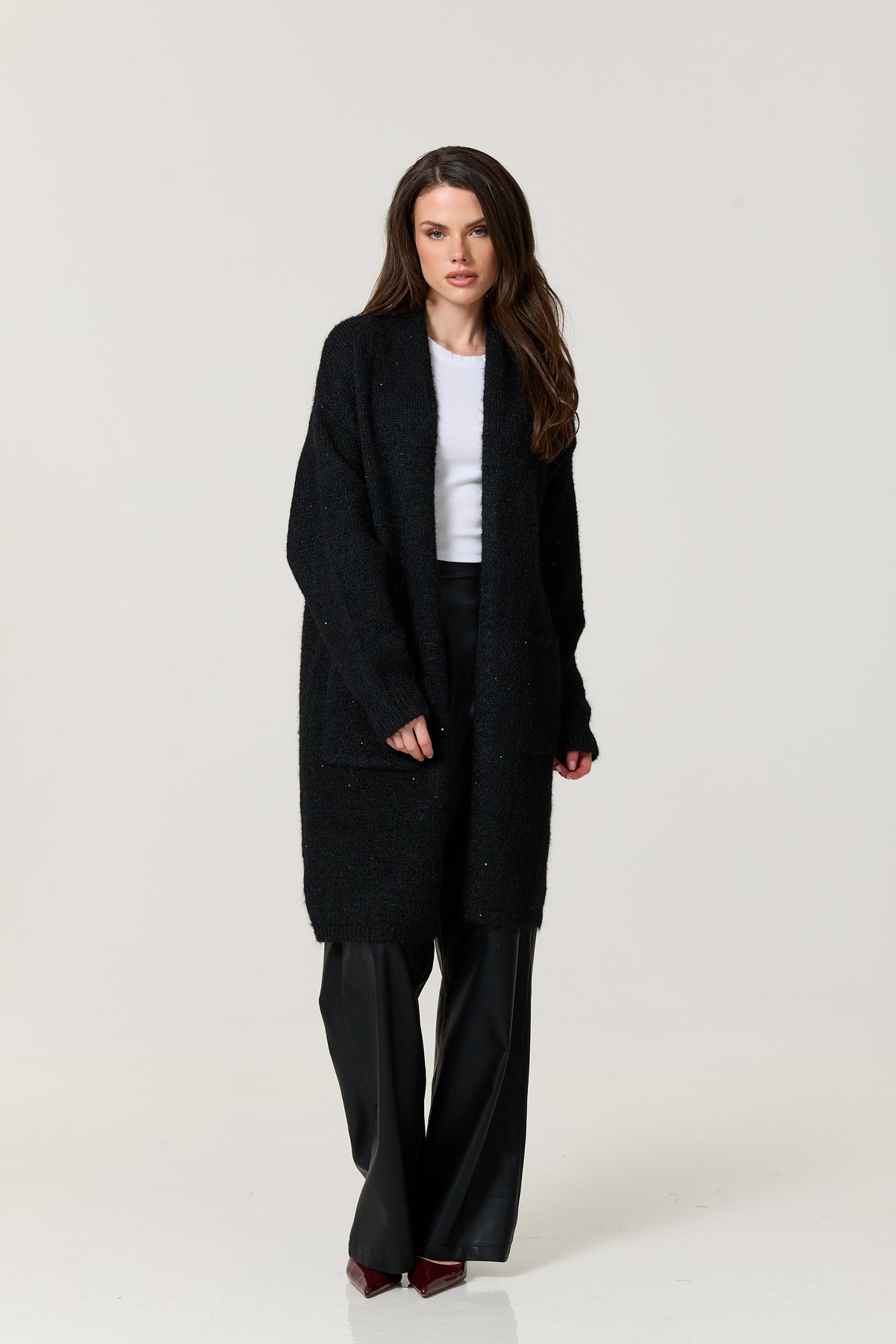 
                  
                    Black Shimmer Longline Knitted Cardigan
                  
                