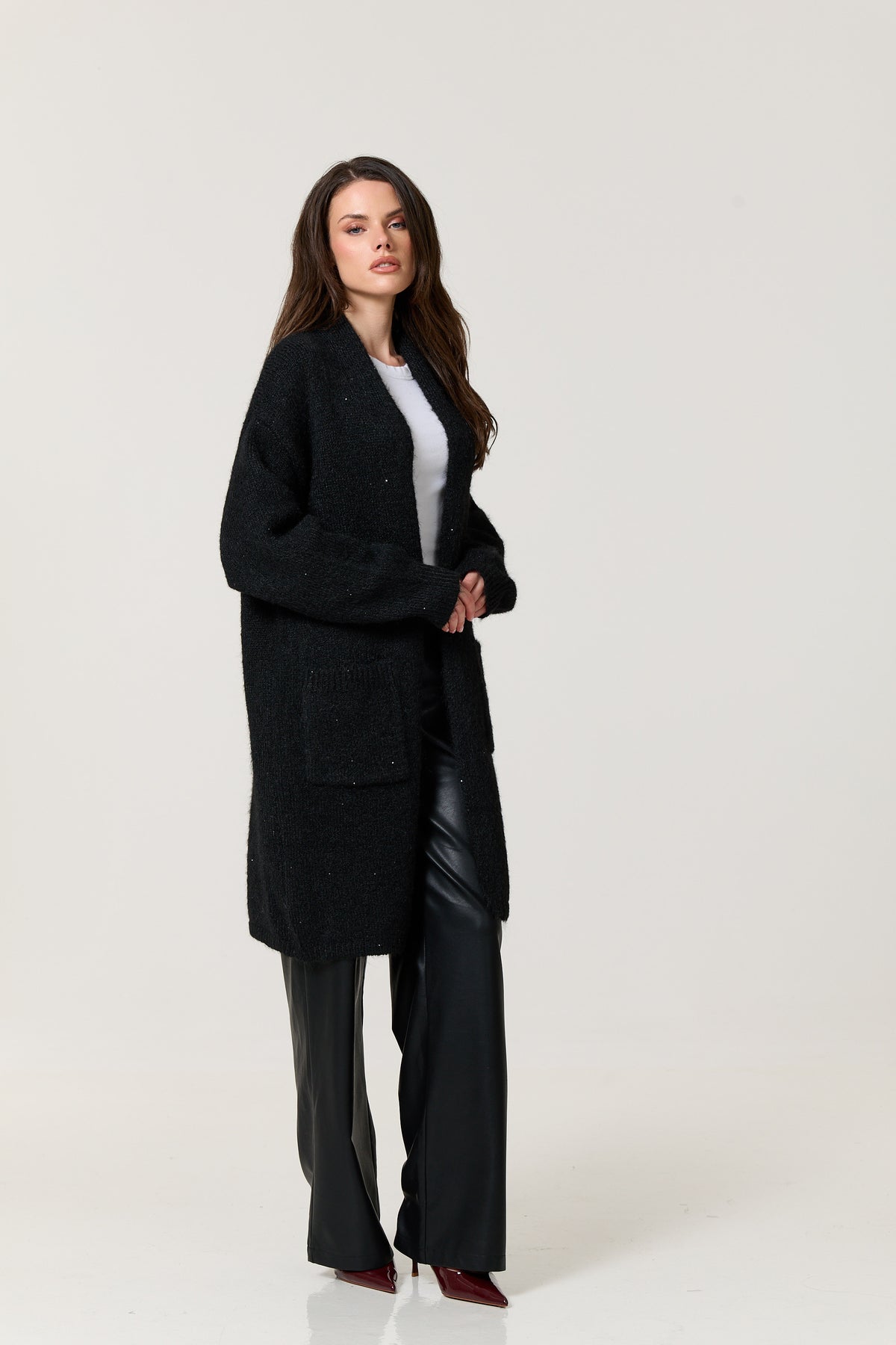 
                  
                    Black Shimmer Longline Knitted Cardigan
                  
                