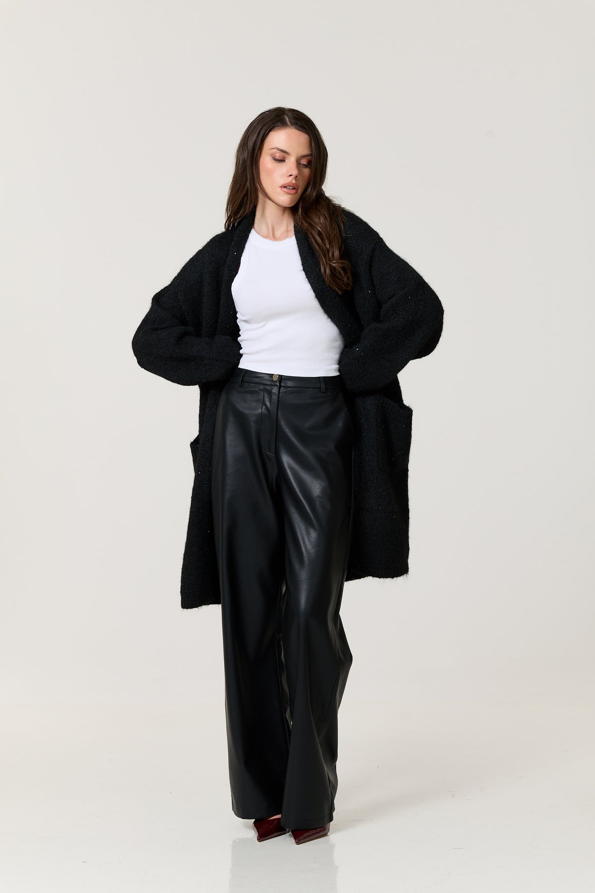 
                  
                    Black Shimmer Longline Knitted Cardigan
                  
                