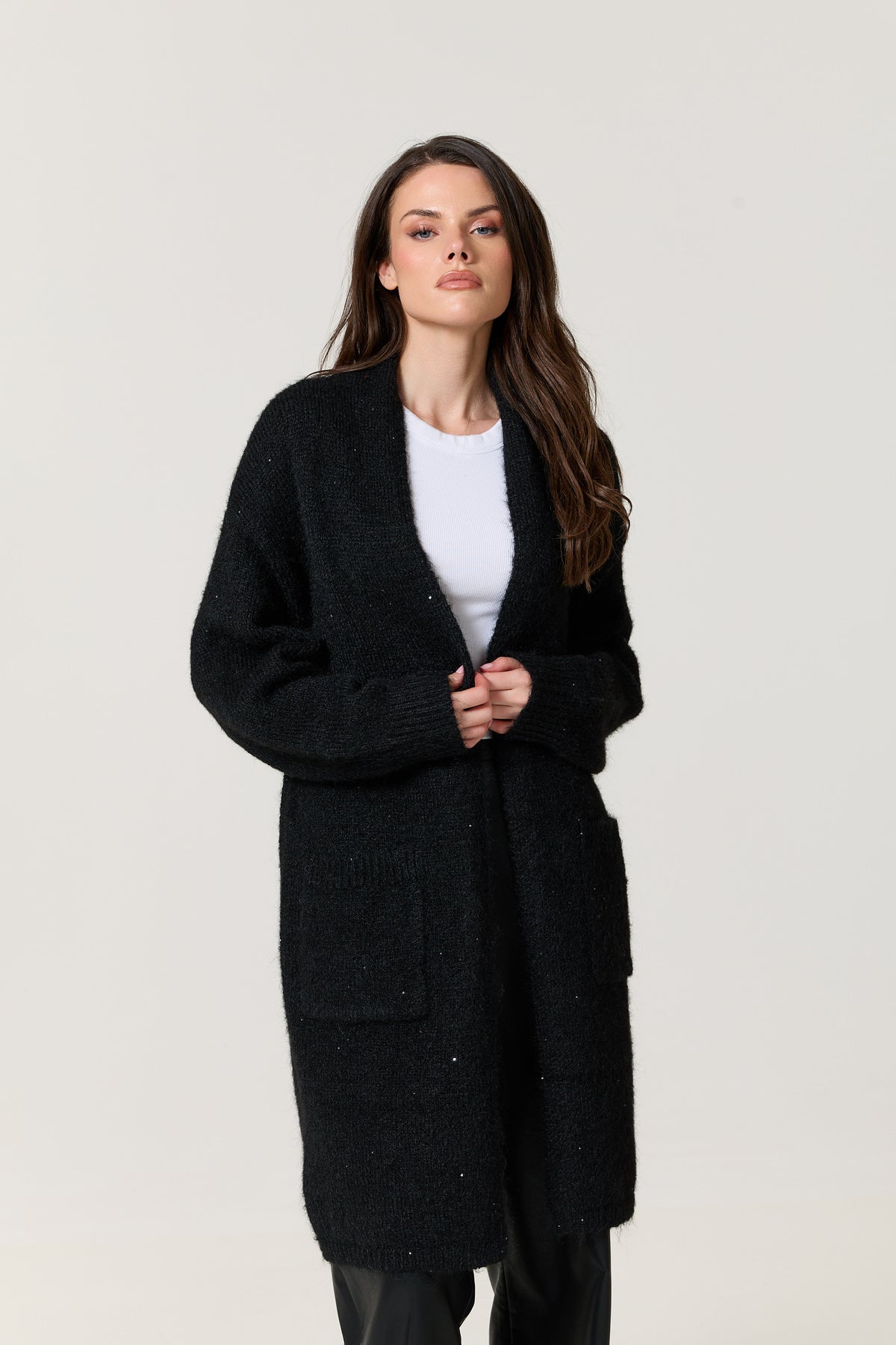 
                  
                    Black Shimmer Longline Knitted Cardigan
                  
                
