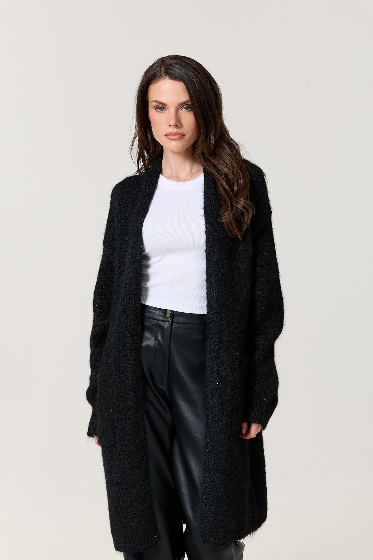 
                  
                    Black Shimmer Longline Knitted Cardigan
                  
                