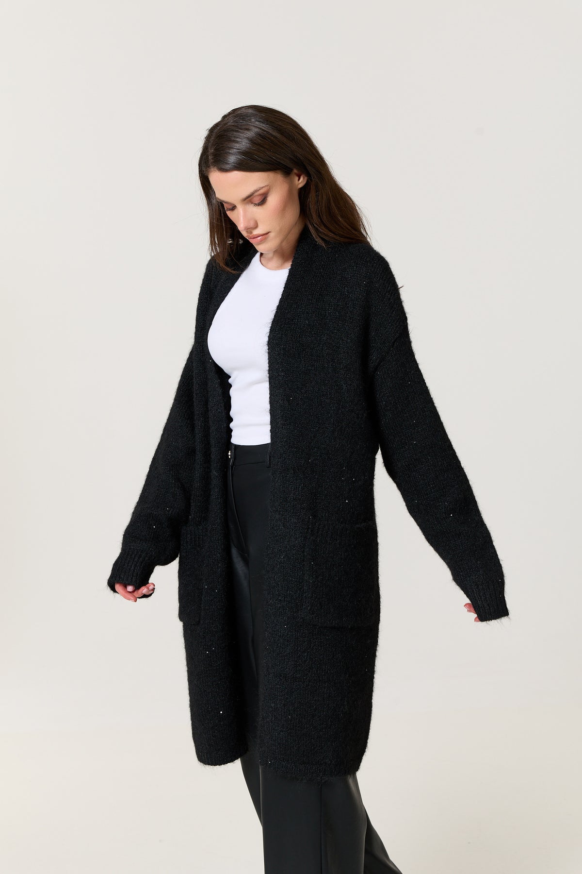 
                  
                    Black Shimmer Longline Knitted Cardigan
                  
                