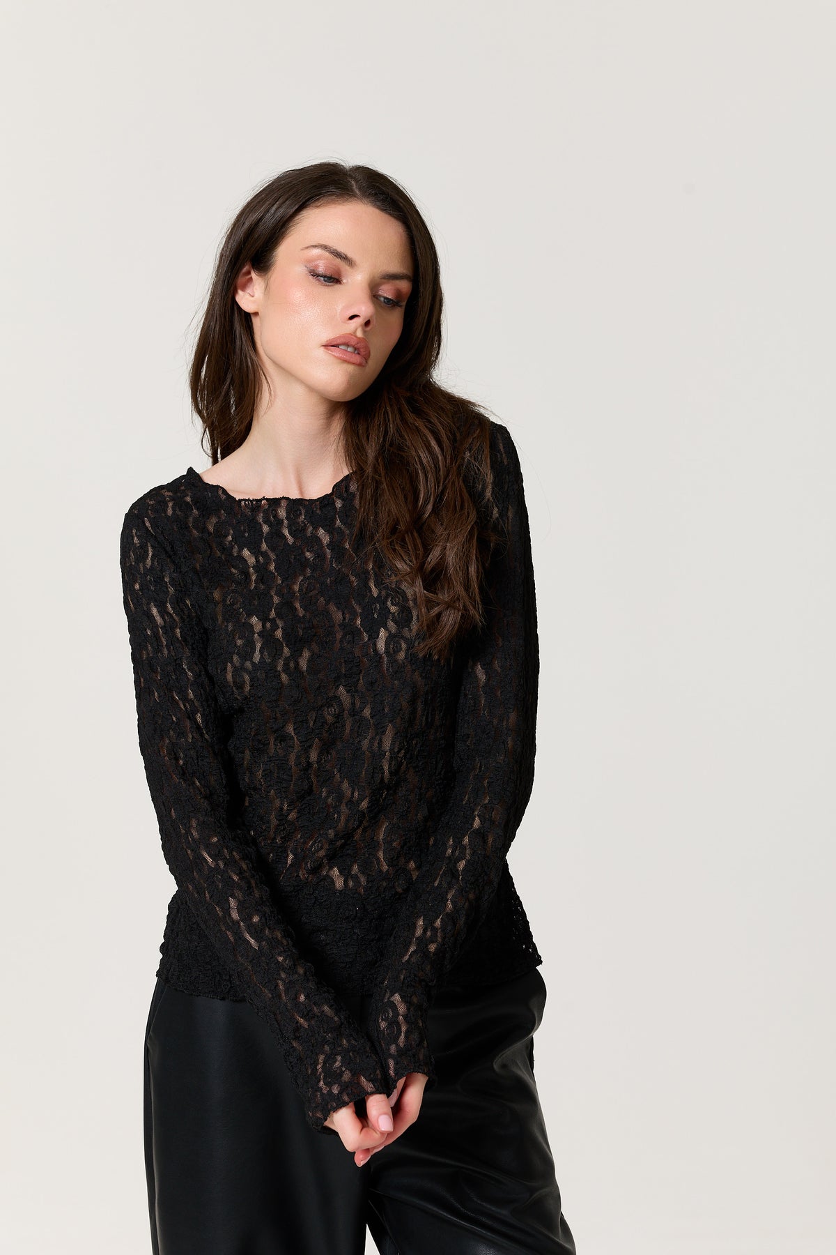 
                  
                    Black Sheer Lace Long Sleeve Top
                  
                