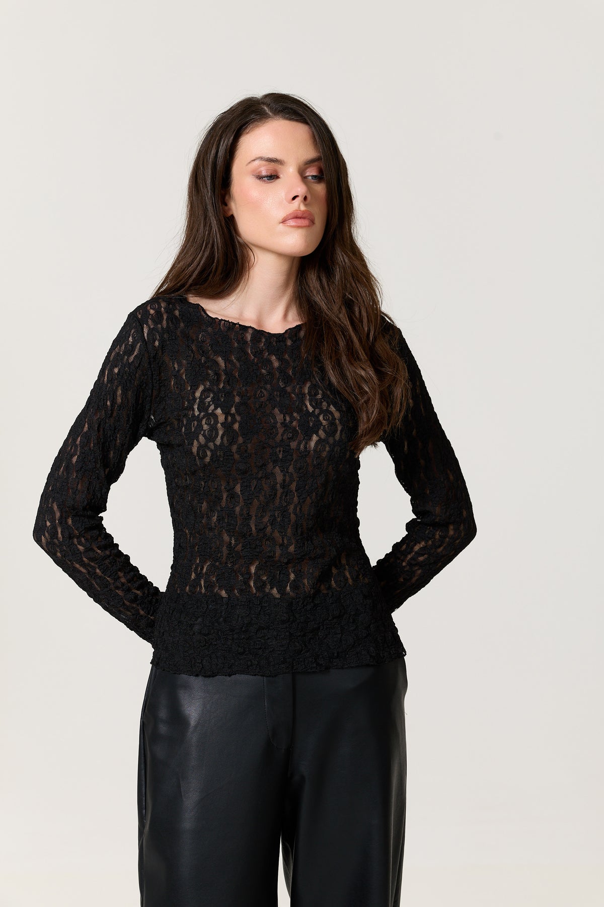 
                  
                    Black Sheer Lace Long Sleeve Top
                  
                