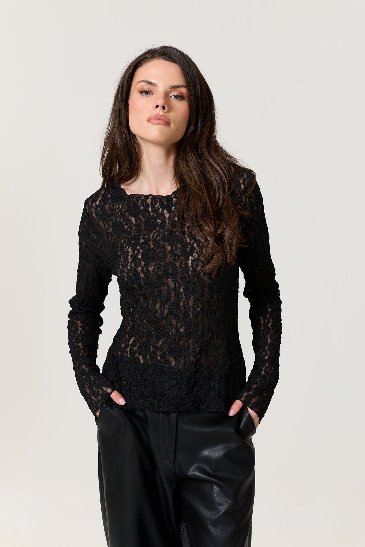 
                  
                    Black Sheer Lace Long Sleeve Top
                  
                