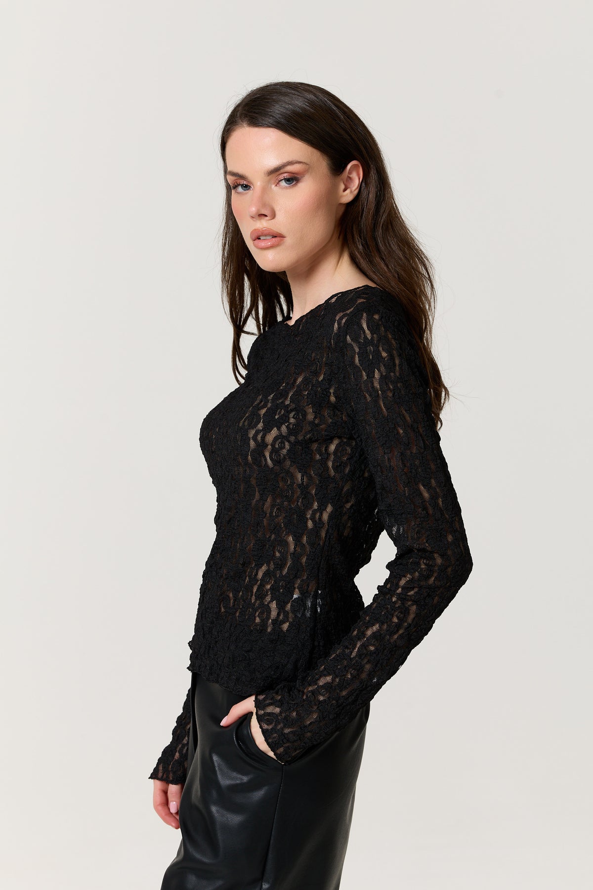 
                  
                    Black Sheer Lace Long Sleeve Top
                  
                